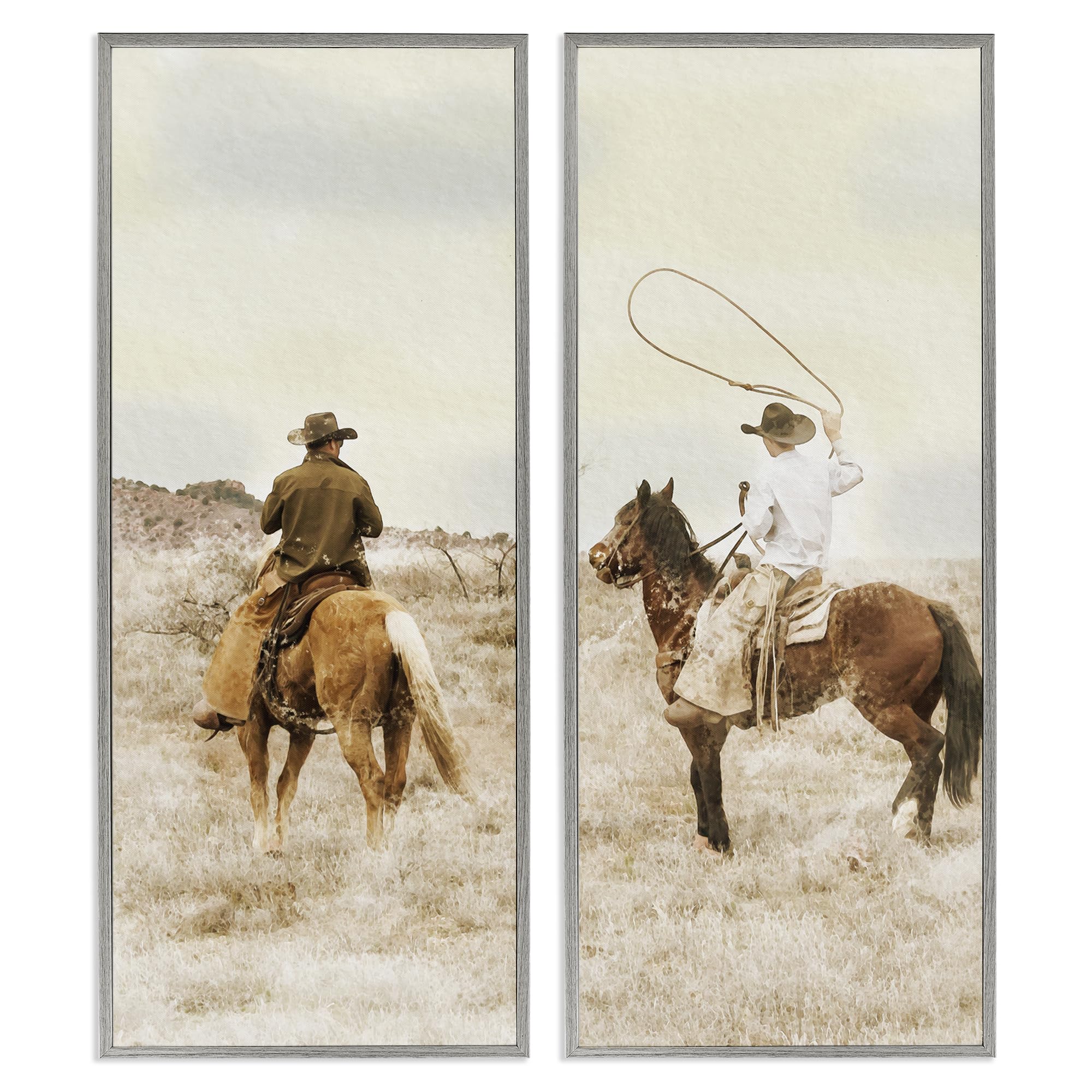 Stupell Industries Farmhouse Gray (Textured) 'Wrangling Cowboy Duo'| 2Pc Framed Giclee Art Set 2