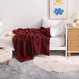 NTBAY Plush Flannel Oversized Baby Blanket, 50X60 Inches Soft and Warm Toddler Blanket with Striped Texture Nursery Bed Blanket for Stroller, Crib, Travel, Baby Gift, 50x60, Wine Red