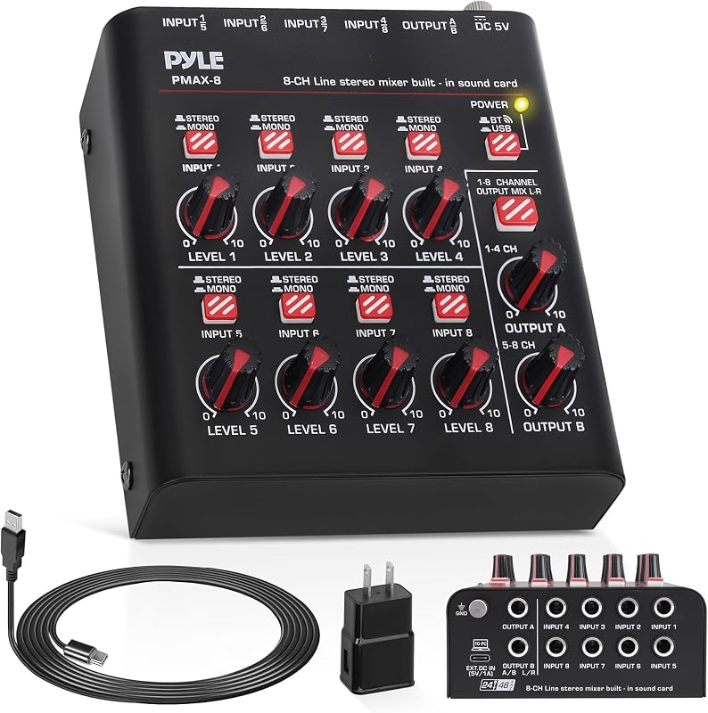 Mini mezclador de línea Bluetooth de 8 canales con interfaz de audio USB - 8 entradas de conmutación mono/estéreo | Diseño de ruido ultrabajo con gran altura libre | Tarjeta de sonido USB-C incorporada - PMAX8