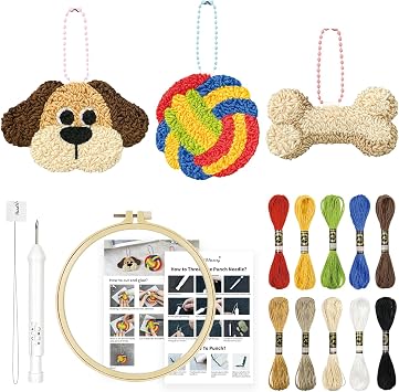 HAND U JOURNEY 3Pcs Embroidery Punch Needle Kit, Original Design with 2.2mm Punch Tool, Threads and Hoop. Puppy