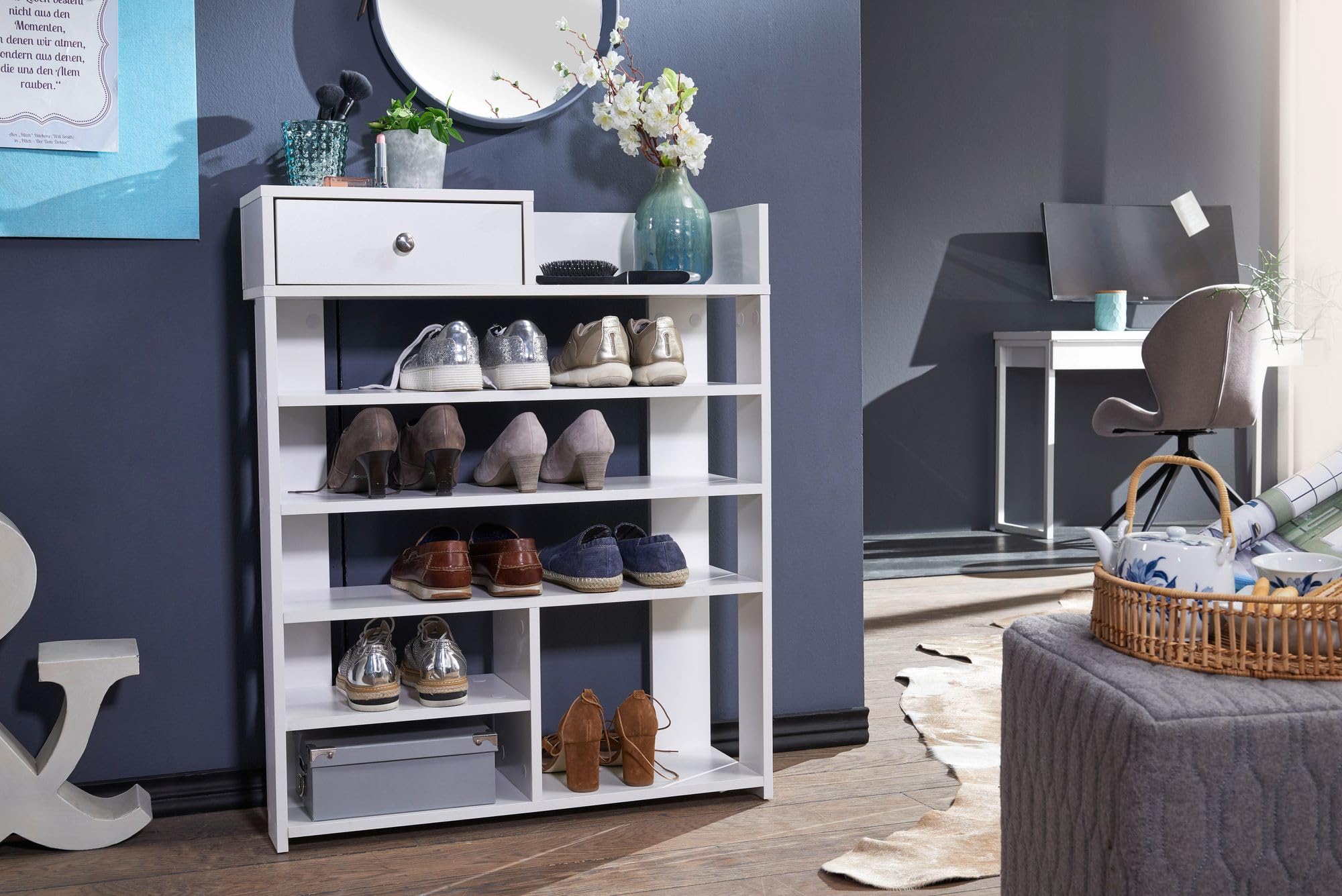 WOHNLING Regał na Buty 75x24x92,5 cm Biały z Szufladą, 7 Przegrody | regał do przedpokoju wysoki do wiele par butów, regał stojący ze schowkiem, półka na buty otwarta do przedpokoju i korytarza