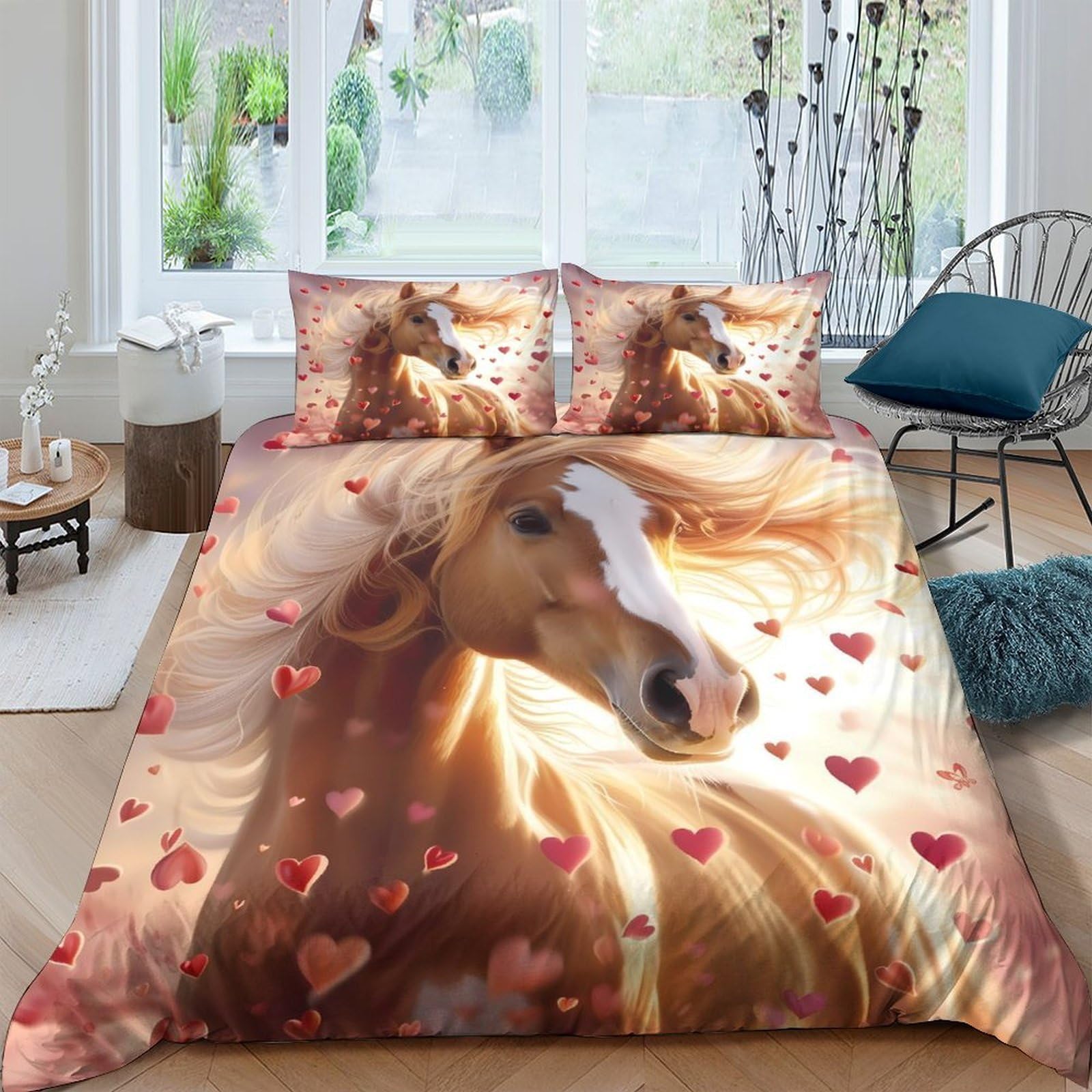 Parure de lit cheval romantique 140x200cm, le cadeau parfait pour enfants et passionnés d'équitation
