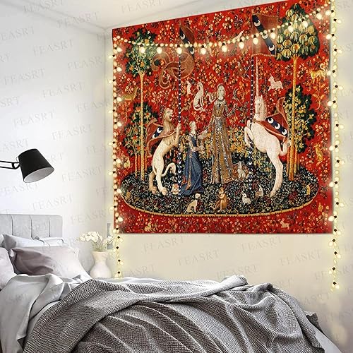 Miniatura 7 de FEASRT Tapiz medieval de princesa de doncella y unicornio, tapiz real europeo, 60 x 51 pulgadas, franela suave, para sala de estar, decoración de