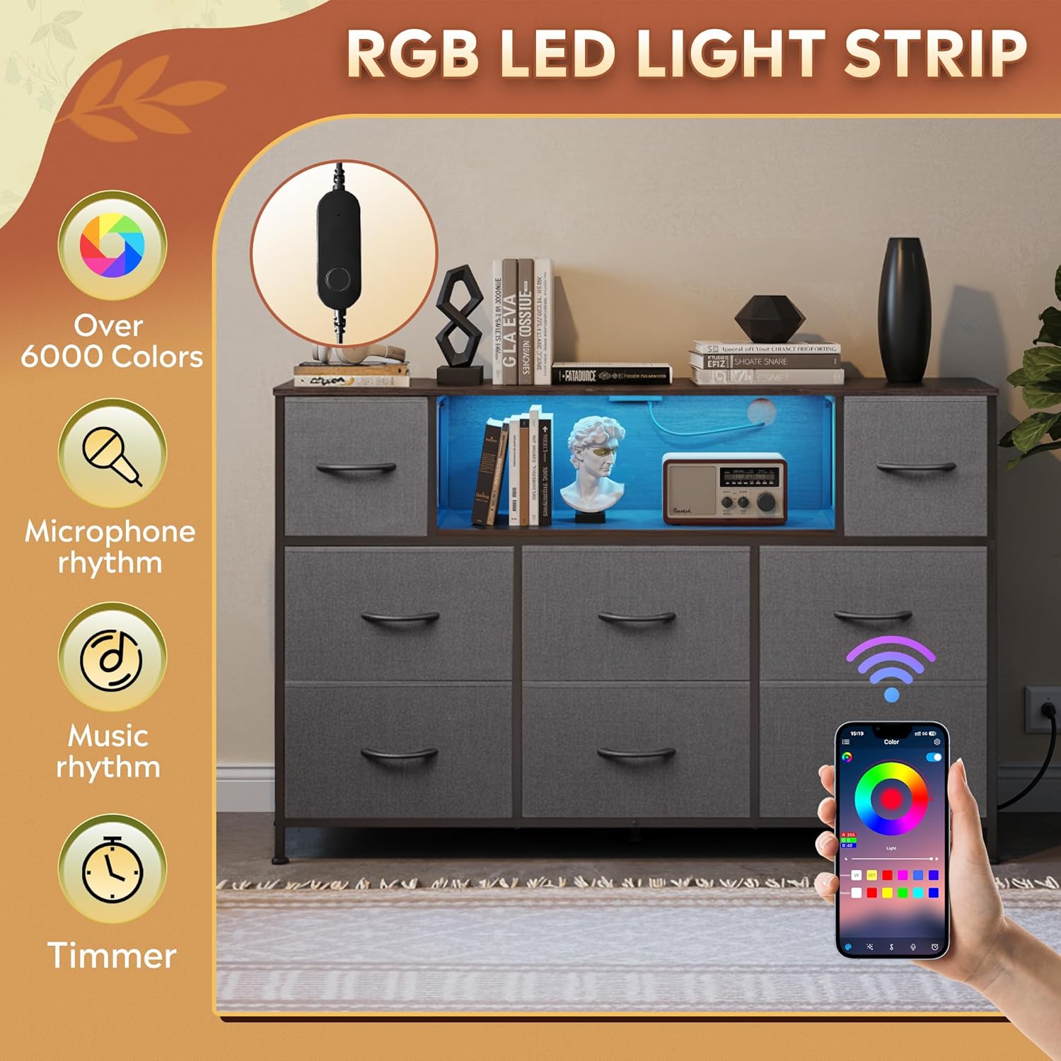 The TV stand with its RGB LED light strip illuminated in blue, showing a remote control and various color/mode options.