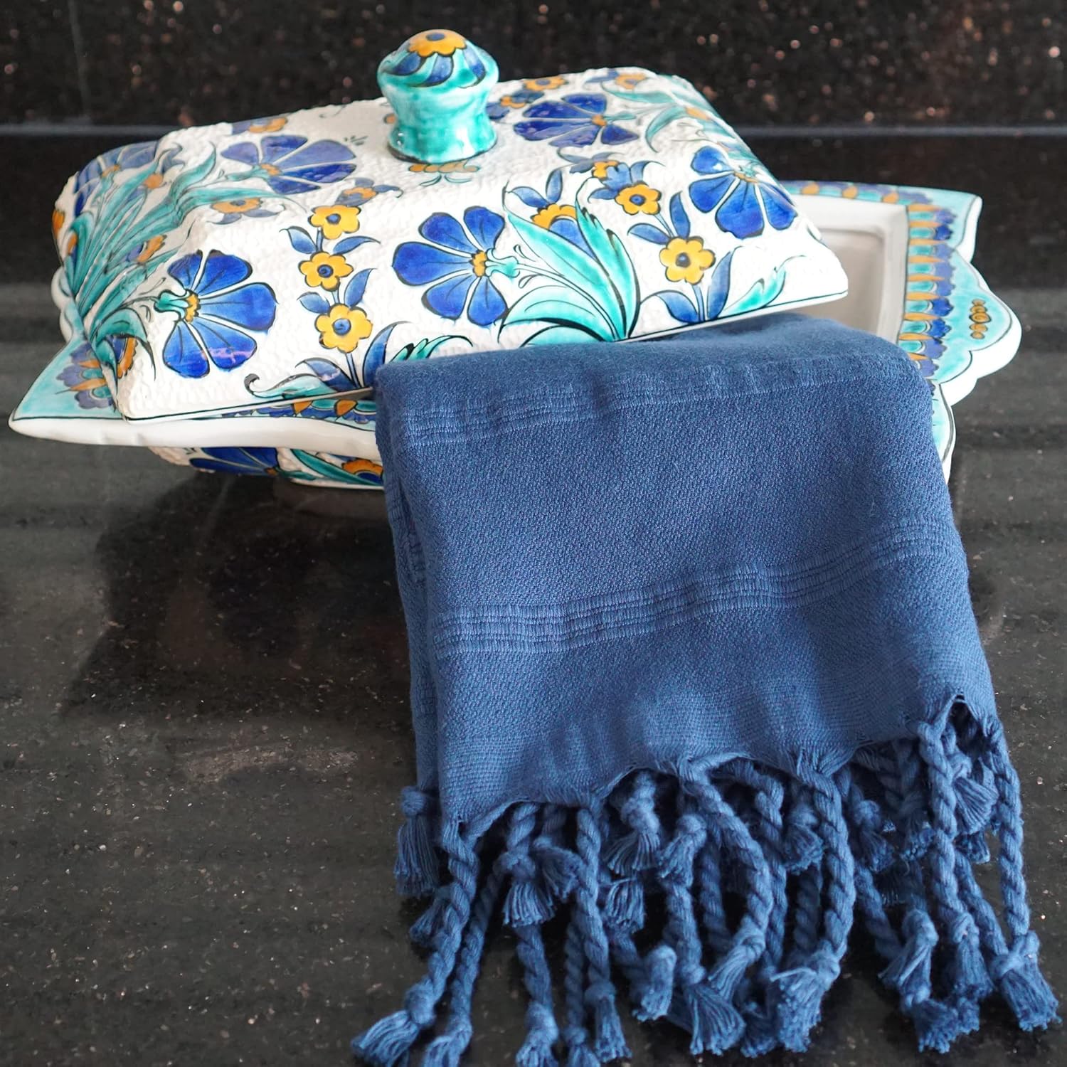 Turkish Hand Towel Set of 2 (16x40) | 100% Organic Cotton Turkish Towels for Bathroom | Decorative Kitchen Hand Towels | Usage for Face, Hair, Gym, Yoga, Tea, Kitchen and Bath - Navy Blue