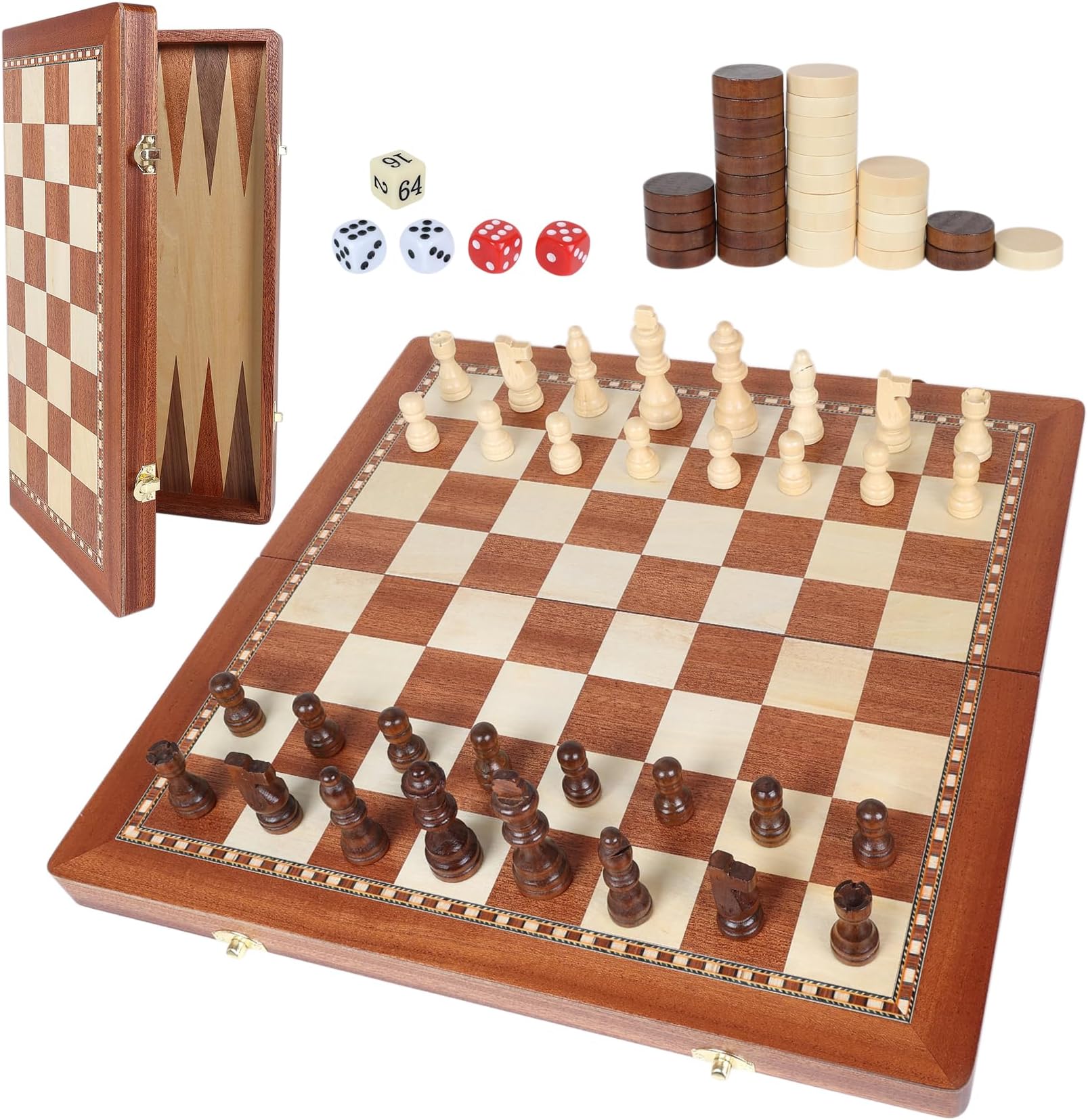 GOTHINK Wooden 2-in-1 Chess and Backgammon Board Game Set, Folding Storage Board Included, Classic Game for Kids and Adults, Perfect for Travel and Family Fun