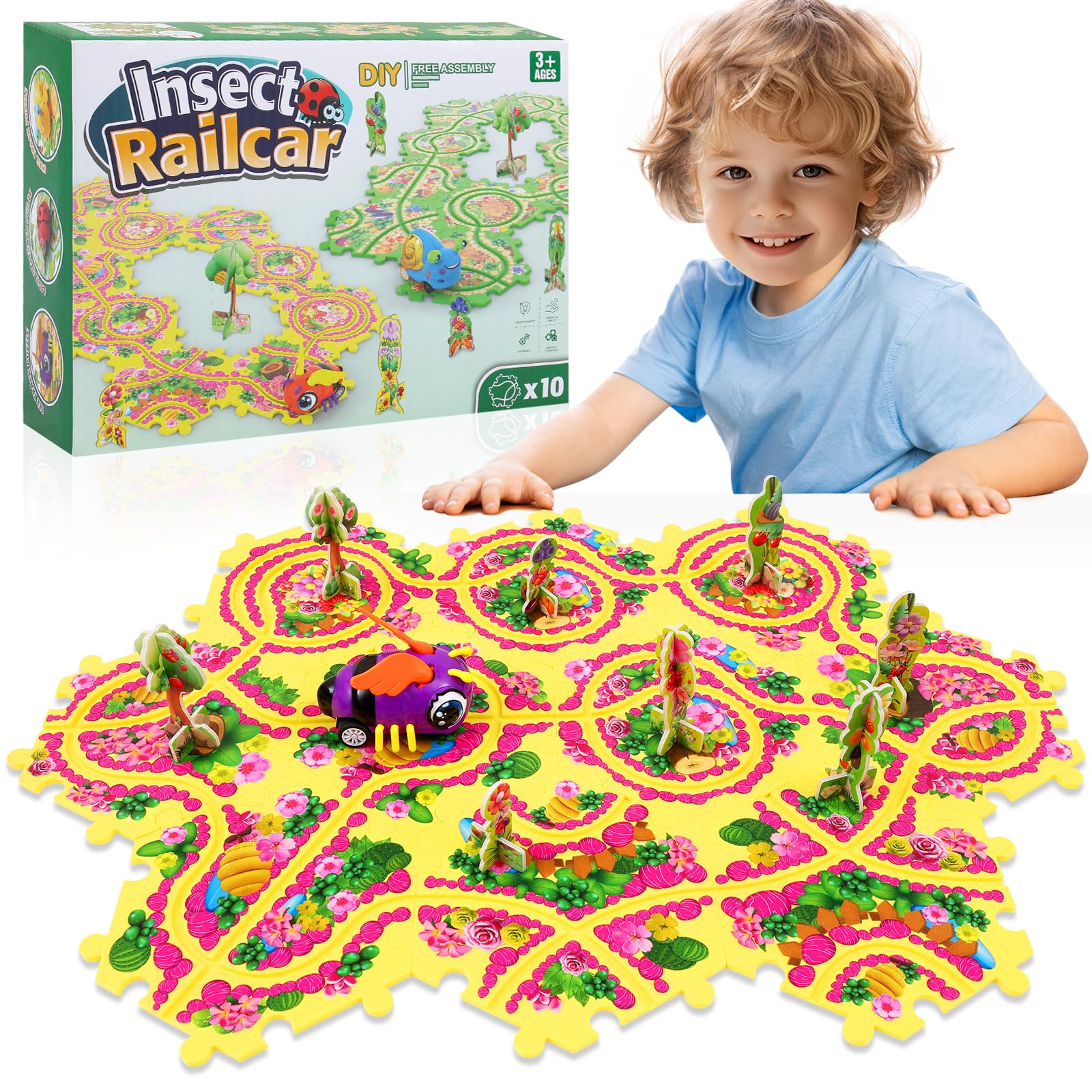 10PCS Bee Rail Car Puzzle Track, Puzzle Track Car Play Set