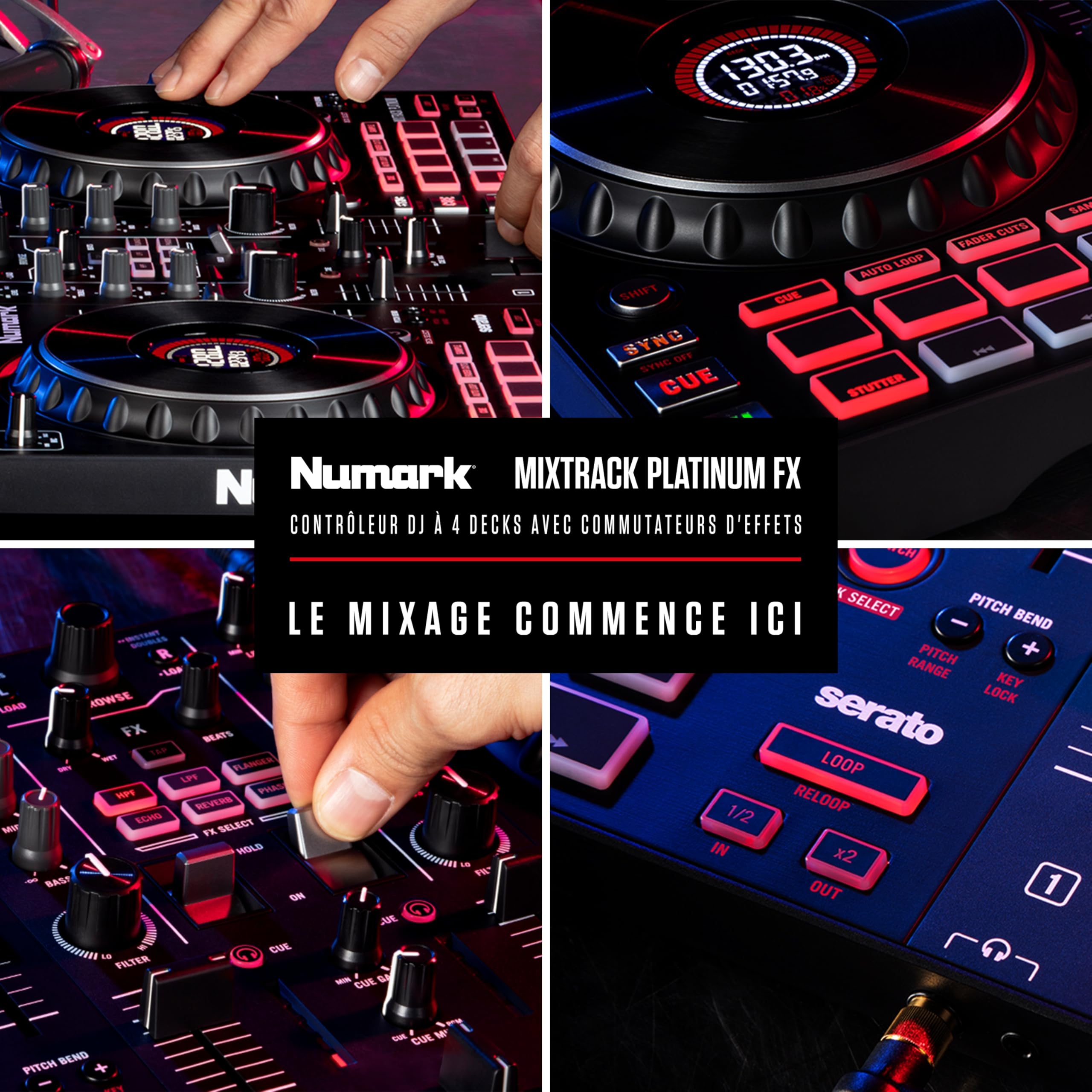 Numark Mixtrack Platinum FX - Contrôleur DJ 4 decks, table de mixage, carte son intégrée, platines DJ tactiles avec écran et large palette d'effets
