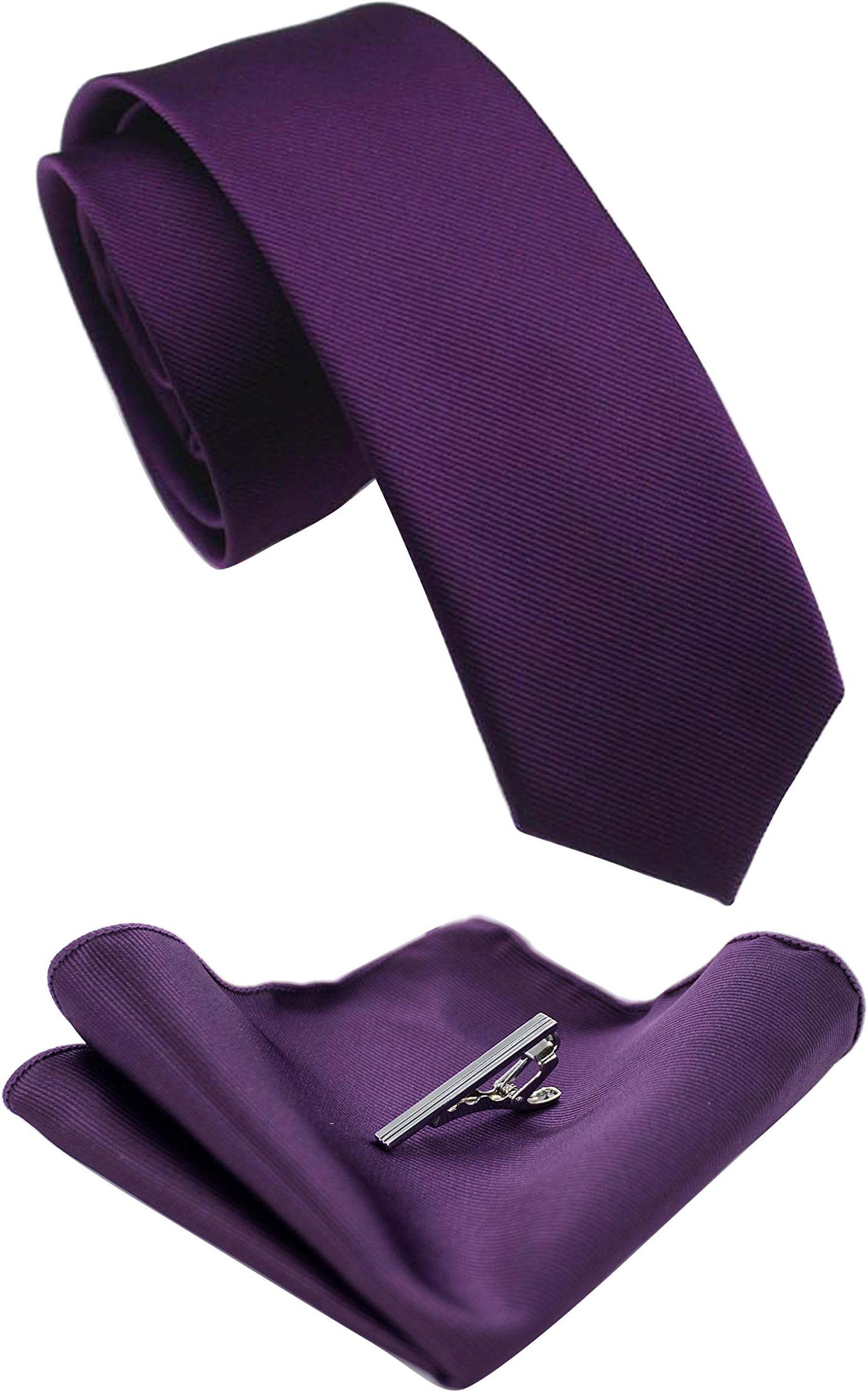 JEMYGINS 2.4" Solid Color Skinny Tie and Pocket Square with Tie Clip Sets for Men (6cm)