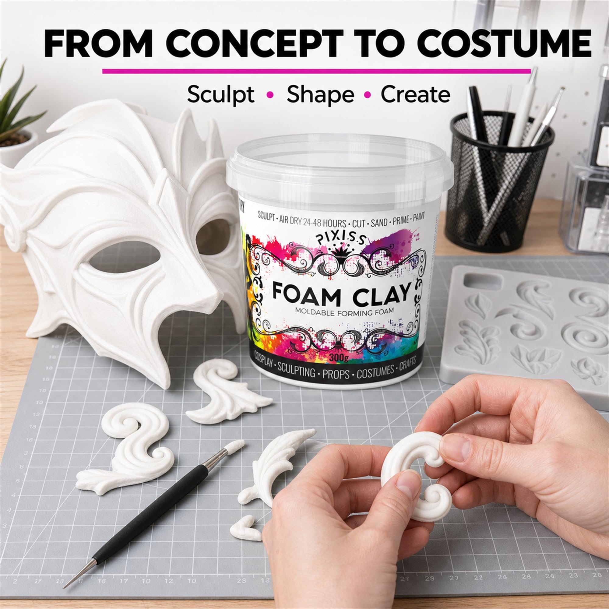 Pixiss Arcilla de espuma moldeable para cosplay (blanco) por (300 gramos) de arcilla de espuma para cosplay, alta densidad y perfecta para diseños intrincados, secar al aire, ideal para cortar con