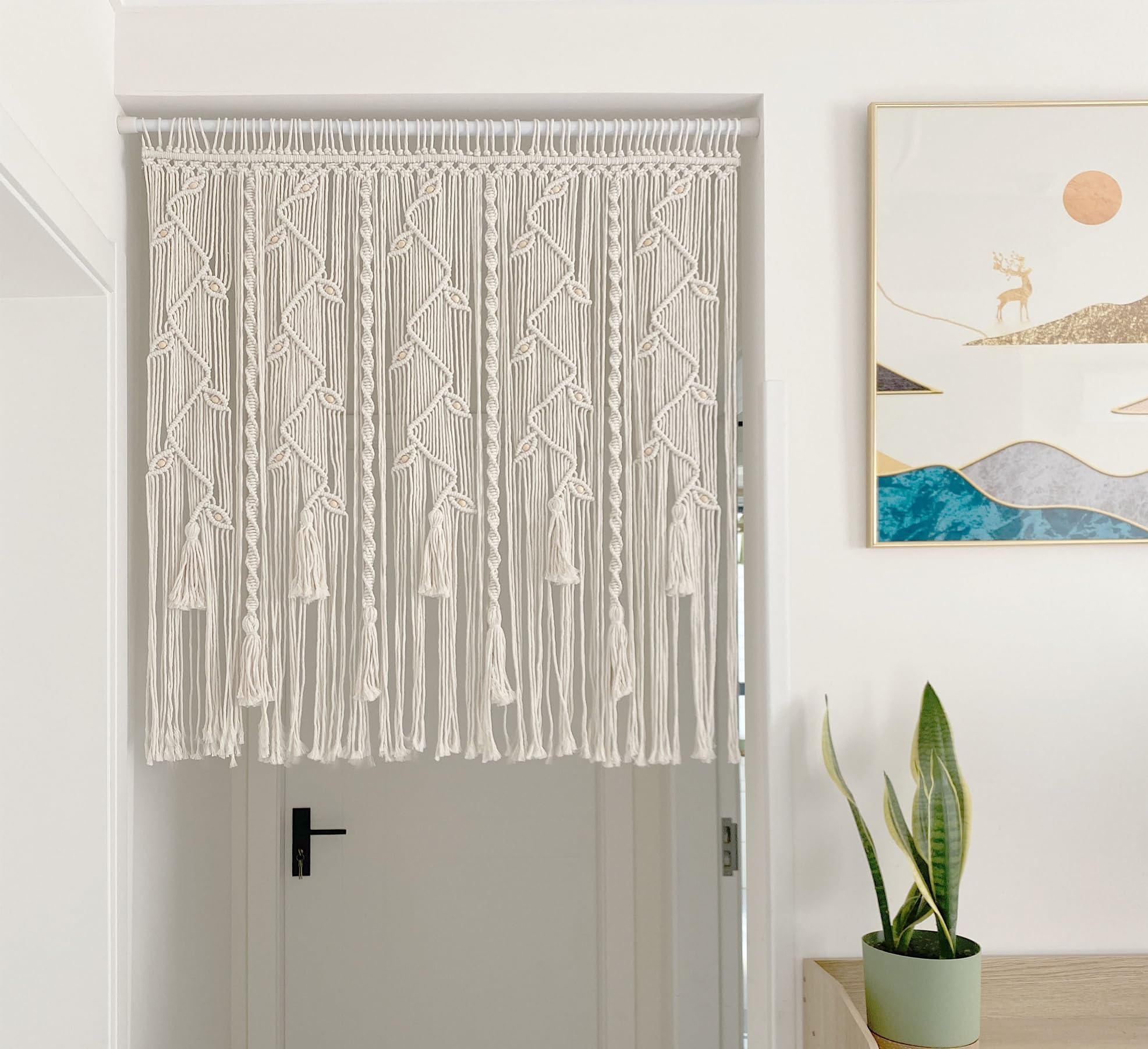 Boho Curtain Macrame Curtains for Windows Woven Room Divider Living Room Wall Hanging Doorways Curtains 39" L x 35" W (Beige)