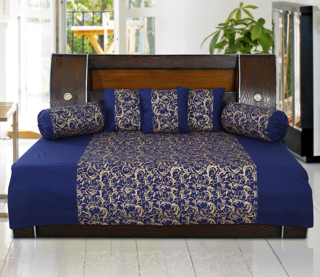 Dekor World Gold Printed Cotton Blue Diwan Set (Pack of 6)-image-28