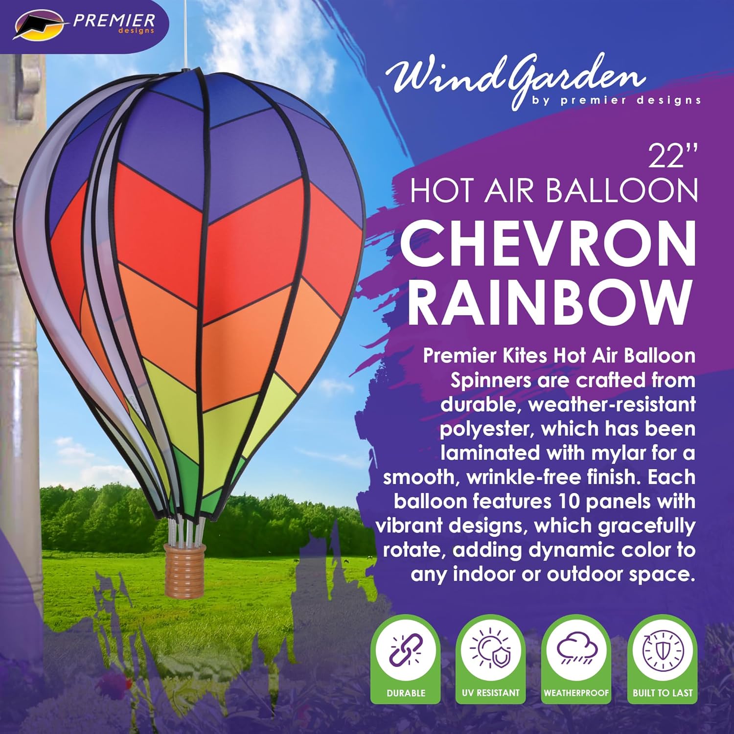 Hot Air Balloon Hanging Garden Spinner 22" - Vibrant Chevron Rainbow Design, Weather-Resistant Outdoor Decor, Durable & Lightweight for Patios, Yards, and Gardens - Eye-Catching Wind Spinner