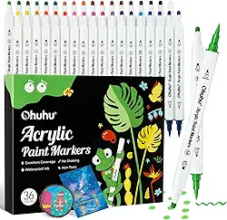 Ohuhu Marcadores de tinta acrílica 36 cores: canetas de tinta de ponta dupla (pincel e ponto), marcadores de acrílico de alta opacidade, impermeáveis, resistentes à luz, para pintura em rocha, ovos de