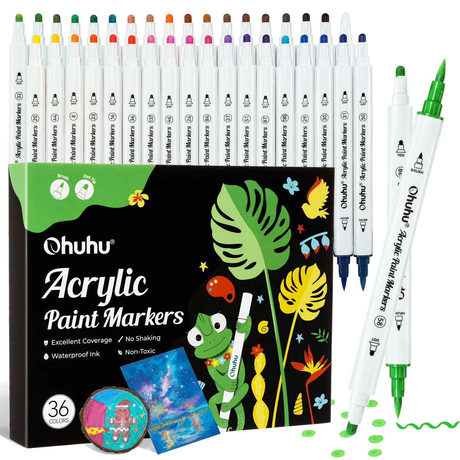 Ohuhu Acrylic Paint Pens 36 Colours Dual Tips Brush Dot