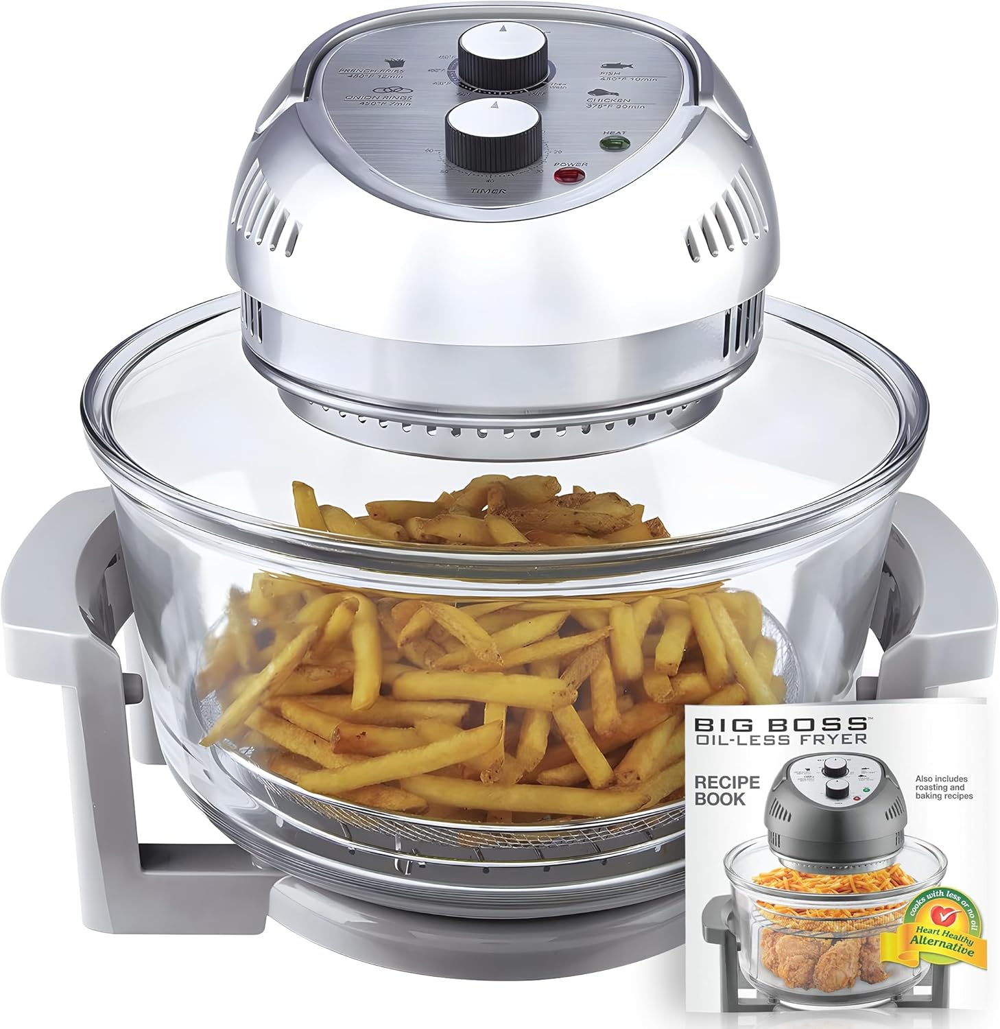 Big Boss Oilless Air Fryer, 16 Quart, 1300W with Built in Timer, Dishwasher Safe, Includes 50