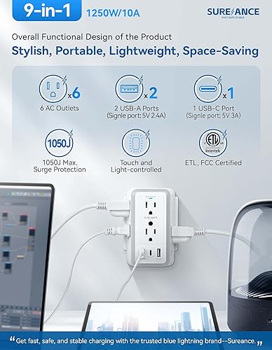 Miniatura 2 de Toma de pared multienchufe, extensor de 6 salidas con luz nocturna, 3 puertos USB, regleta de alimentación de 3 lados con adaptador espaciado,