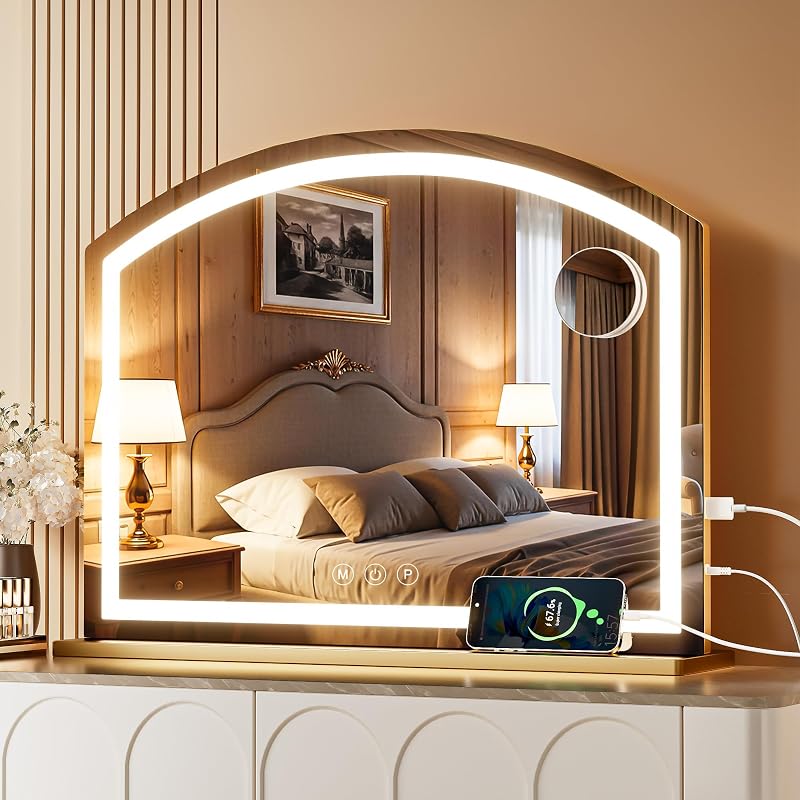 Espelho de mesa Hasipu em arco com LED, ampliação 10X, porta USB, 3 modos de luz reguláveis, dourado, 81,28 cm x 60,96 cm