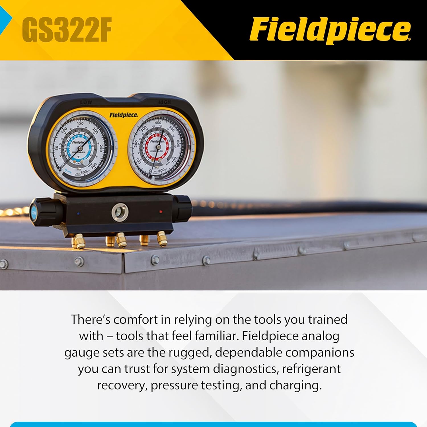 Fieldpiece GS322F 3-Port Analog Gauge Set – HVACR Refrigerant Manifold with Sight Glass, Swappable Hose Holders & High-Grip Knobs – Reliable Field Diagnostics