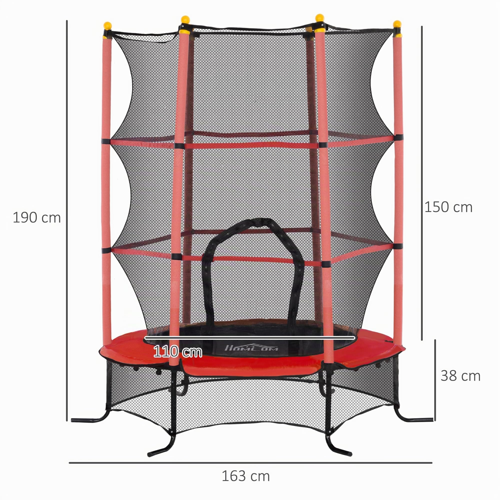 HOMCOM Trampolino Elastico per Bambini con Rete di Sicurezza, Tappeto Elastico con Pali Imbottiti per Interno ed Esterno, Età 3-10 Anni, Ø163x163/190 cm