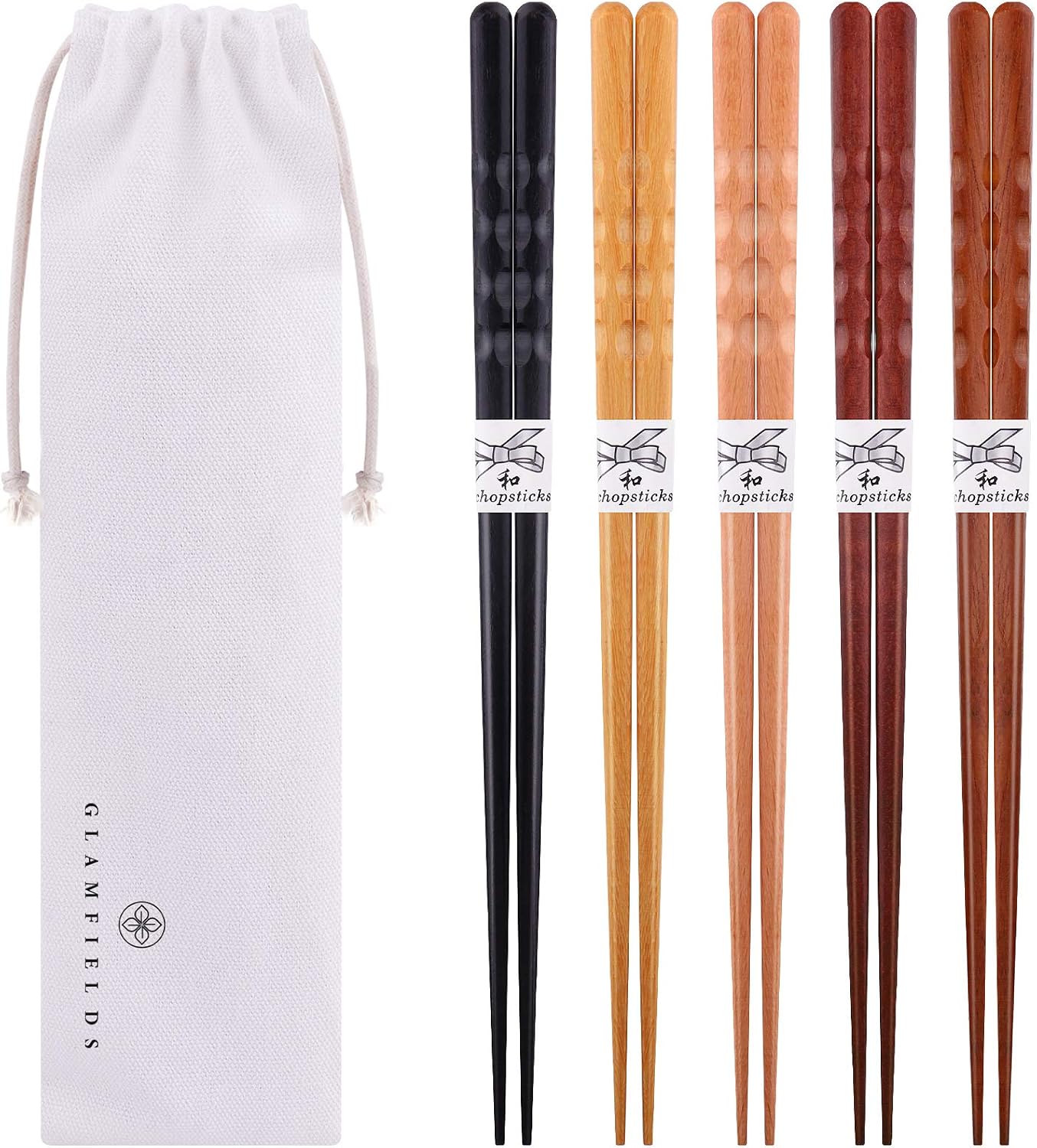 GLAMFIELDS Reusable Wooden Chopsticks Japanese Minimalism Natural 5 Pairs Lightweight Hand-Carved Safe Chop Sticks 8.8 Inch/22.5cm -with Multi-purpose Cotton Drawstring Bag Carrying Case