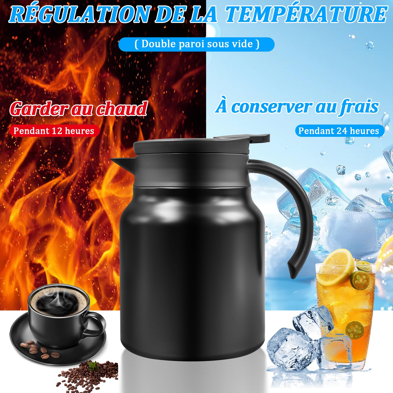 Juego de 2 jarras isotérmicas de café de 1 litros – Cafeteras de acero inoxidable de doble pared con filtro extraíble – Teteras de aislamiento al vacío – negro mate
