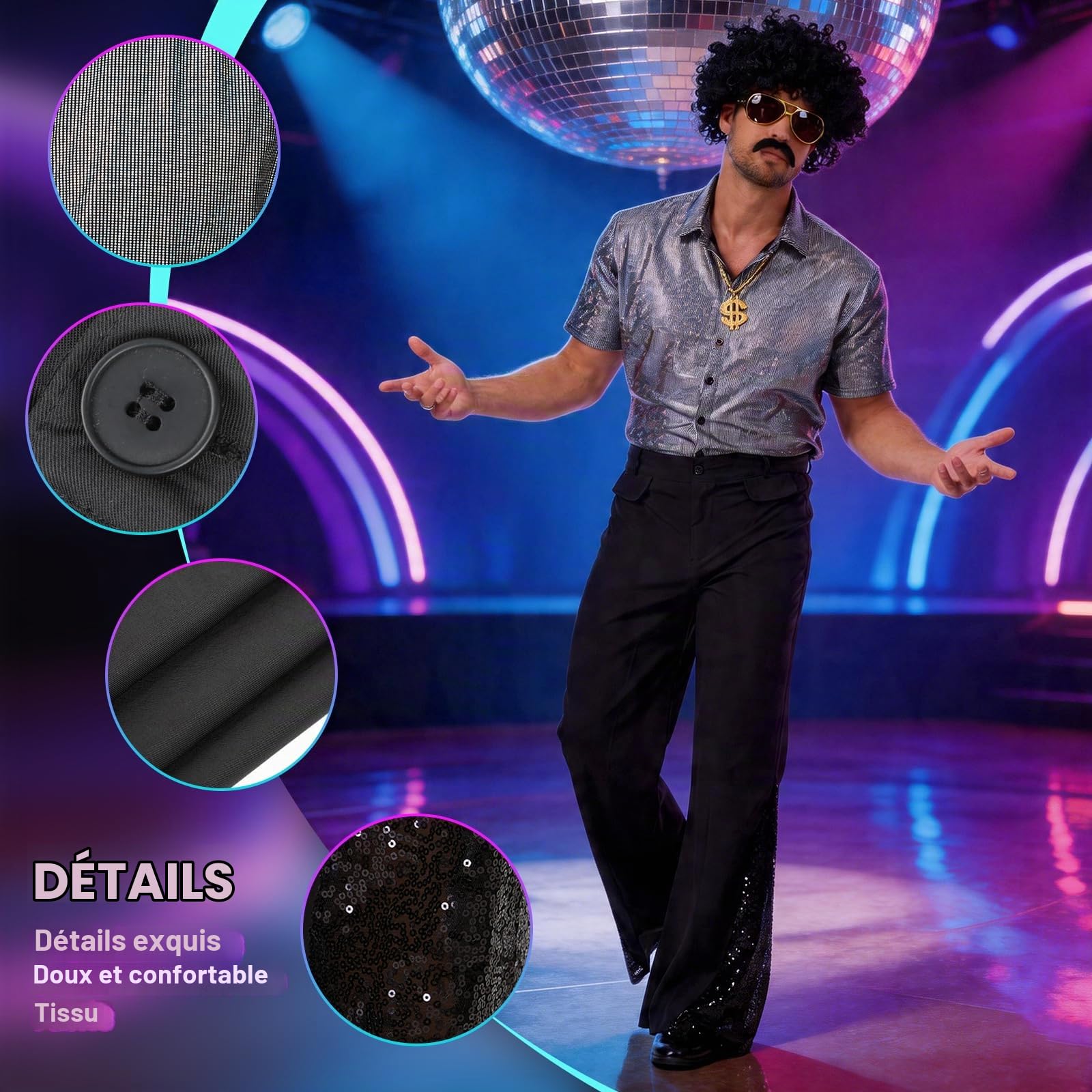 Costume disco pour homme des années 70 - Tenue de fête rétro avec chemise à paillettes à manches courtes, pantalon évasé serré et perruque afro - 7 pièces pour carnaval, fête à thème et