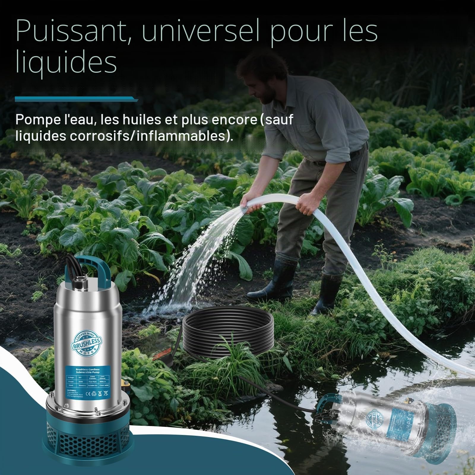 Pompe submersible compatible avec batterie Makita 18 V (pas de batterie), pompe à eau sans fil 5000 l/h avec tuyau de 10 m, câble de connexion de 5 m, idéal pour piscine, lit à eau, arrosage de jardin