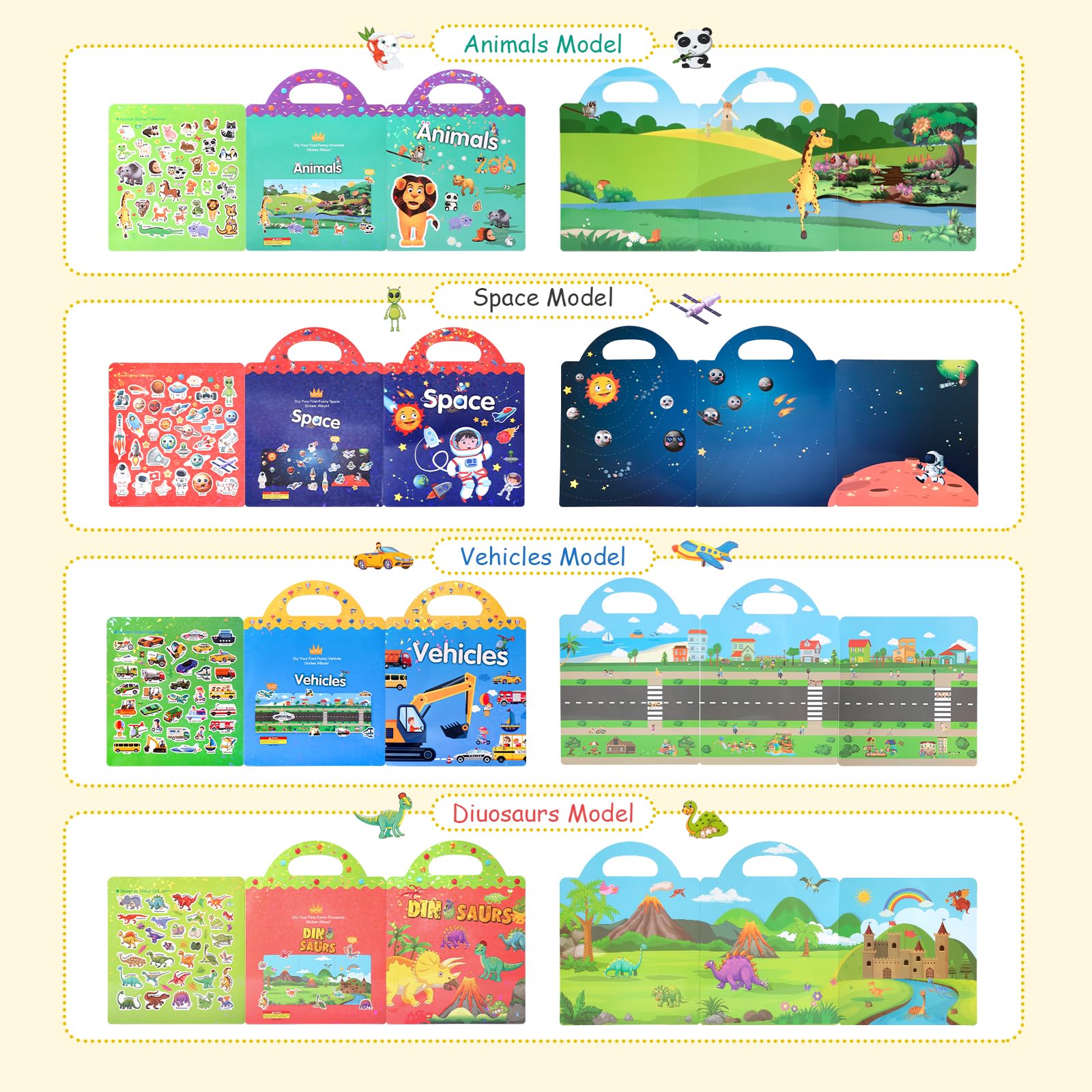 Lot De 5 Livres D’autocollants Réutilisables 3D – Thèmes Animaux, Dinosaures, Océan, Espace, Véhicules – Sensoriel Et éducatif – Dès 2 Ans – Cadeau Anniversaire