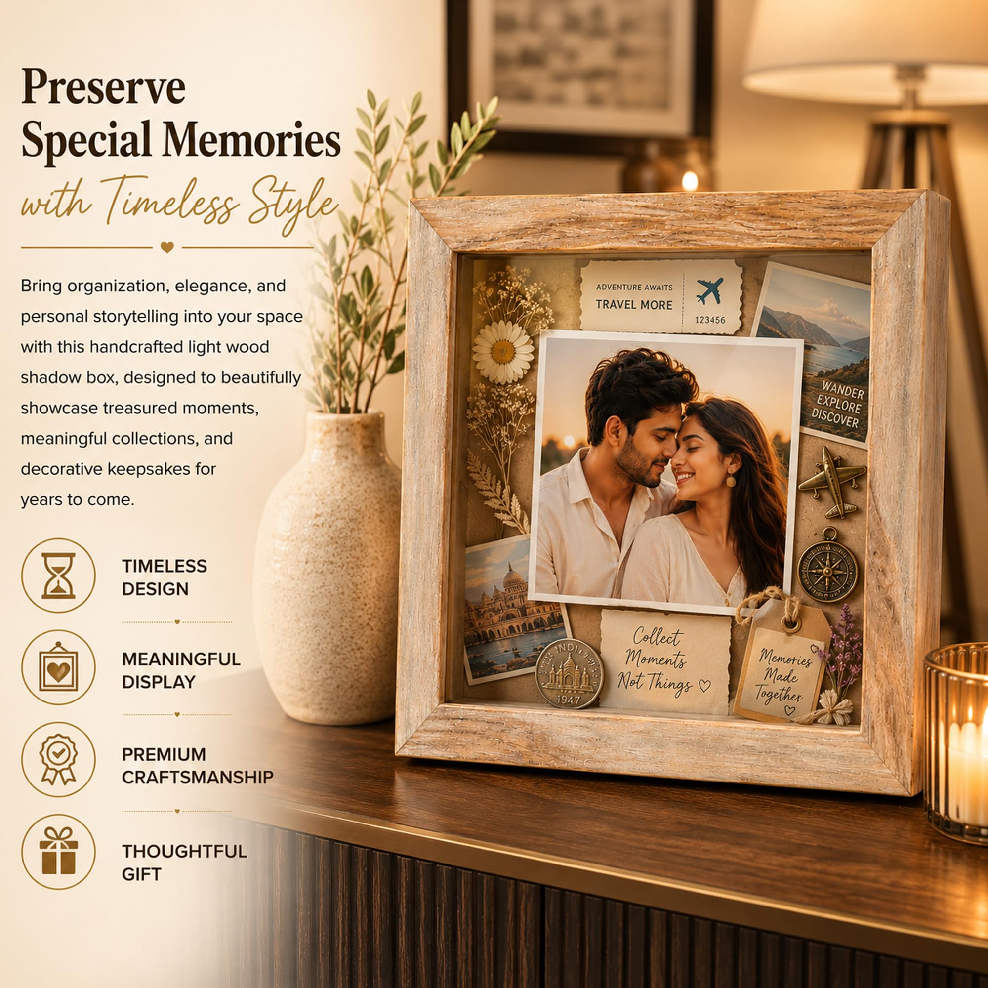 Serein Light Sheesham Wood Shadow Box Picture Frame with Glass Front | 9 x 9 Inch Decorative Display Frame for Photos, Keepsakes, Collectibles & Memories | Wall Hanging & Tabletop Home Office Décor 3