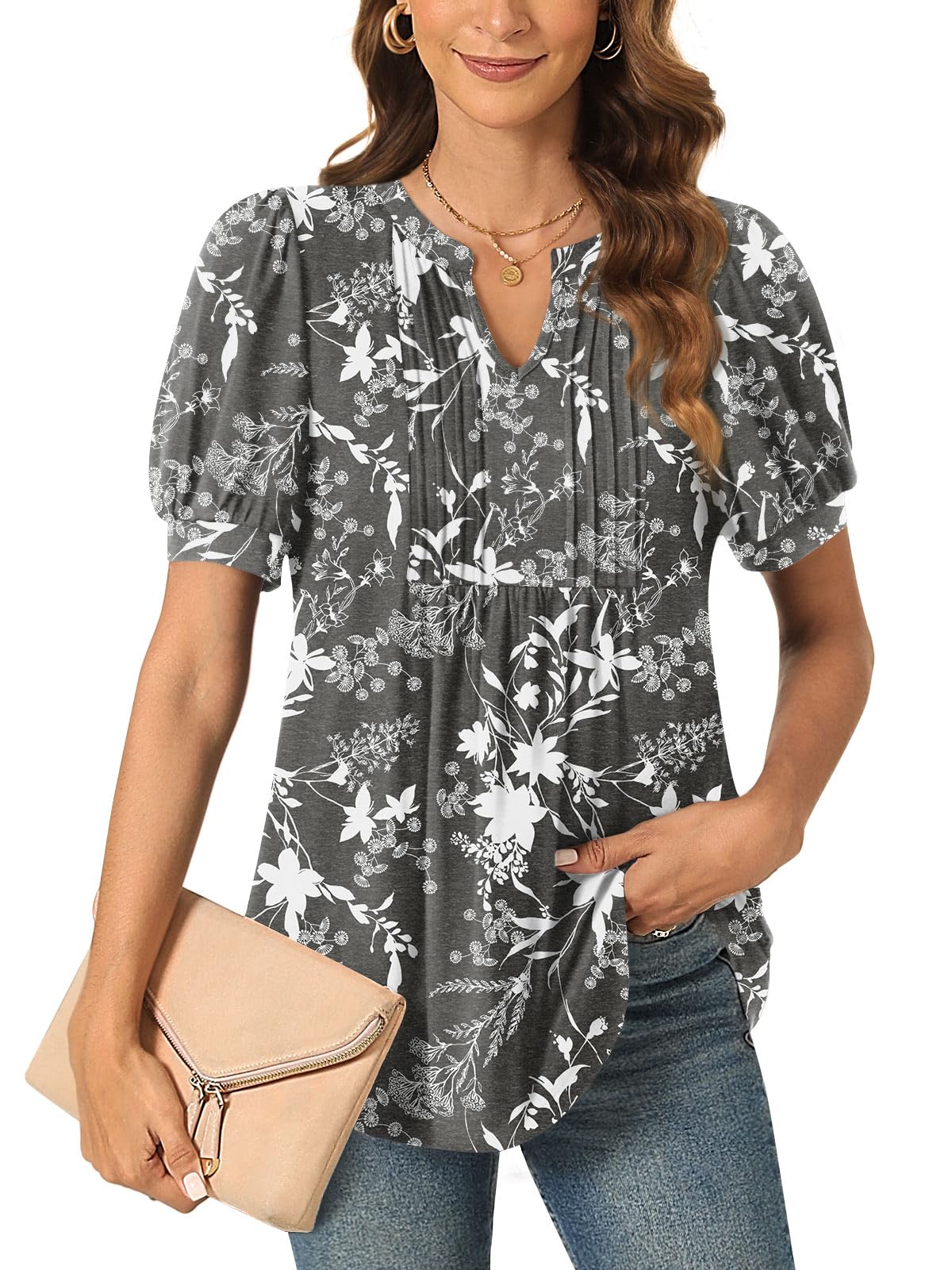 Anyally Womens Summer/Spring Dressy Casual Blouse Puff Short Sleeve Tunic Tops Pleated T-Shirts for Work