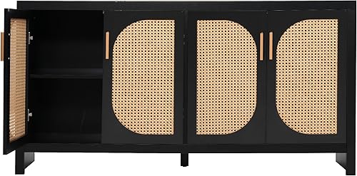 Miniatura 4 de Linique Moderno soporte de TV para TV de 65 pulgadas con puertas de ratán de polietileno y estantes ajustables, armario de almacenamiento para