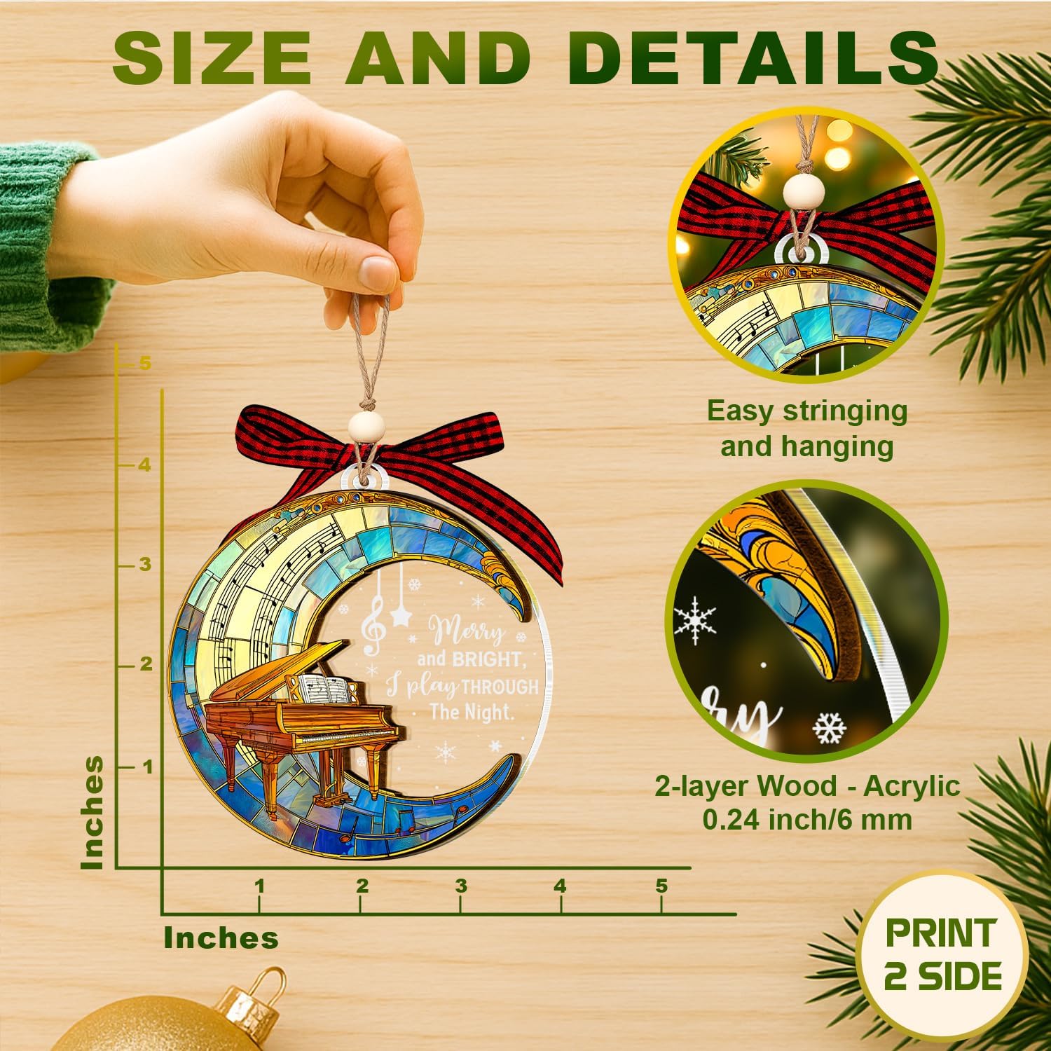 Piano Ornament - Piano Moon Ornaments for Christmas Tree 2025 - Instrument Ornament - Wood Acrylic 2 Layers Xmas Ornaments - Musical Gifts for Pianos Lovers Men, Women, Pianoist, Music Lovers image 2