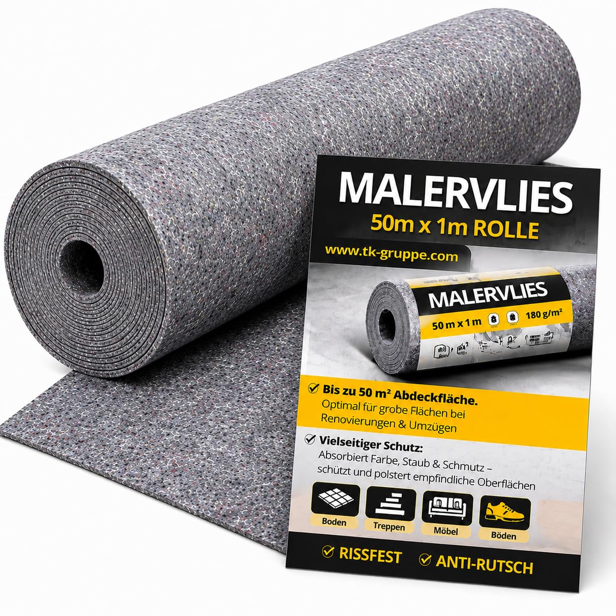 Abdeckvlies Malervlies 50m x 1m (180g/m²) – Anti-Rutsch Beschichtung – Allzweckvlies für Umzug, Möbel- & Bodenschutz bei Renovierung (1)