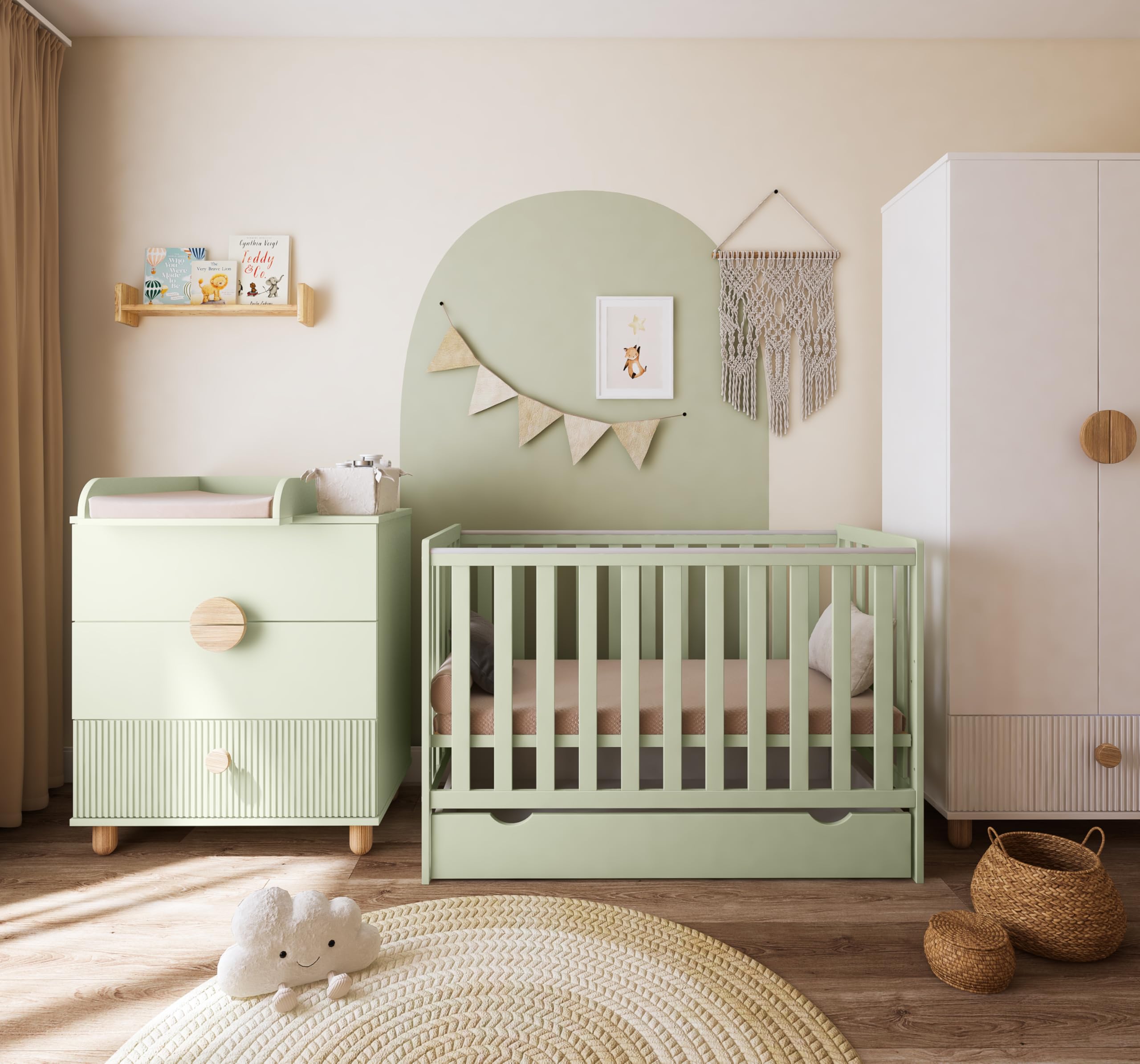 zee Cuna Bebé LUMI 120x60 cm 2 en 1 Convertible en Cama Infantil Verde Menta con Cajón y Barandilla Seguridad Madera de Pino Altura Regulable EN 716
