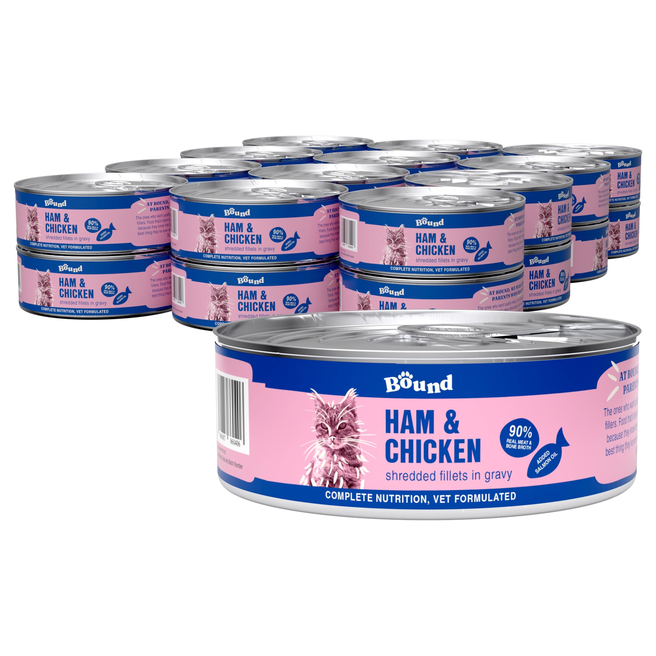 Bound Pets Wet Cat Food: 70% Meat, Grain-Free, Vet-Developed Wet Food - Shredded Ham and Chicken in Gravy for Cats (18 x 70g cans)