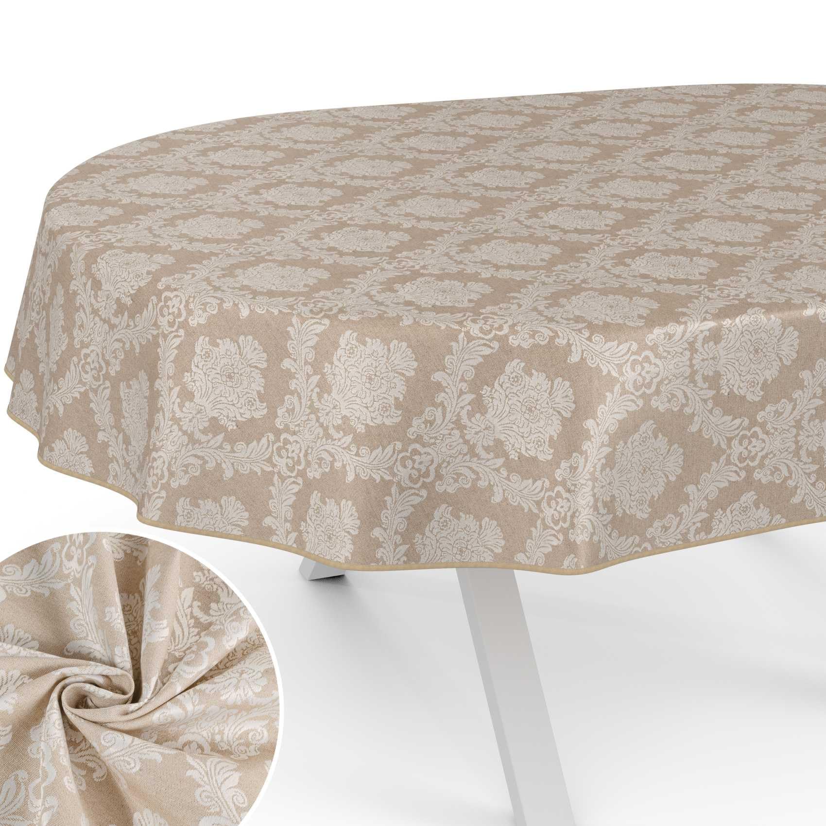 ANRO Mantel de Mesa Tela 70% Algodón 30% Poliéster Lavable Ornamento Damasco Jacquard Beige Borde Cortado 260x140 cm