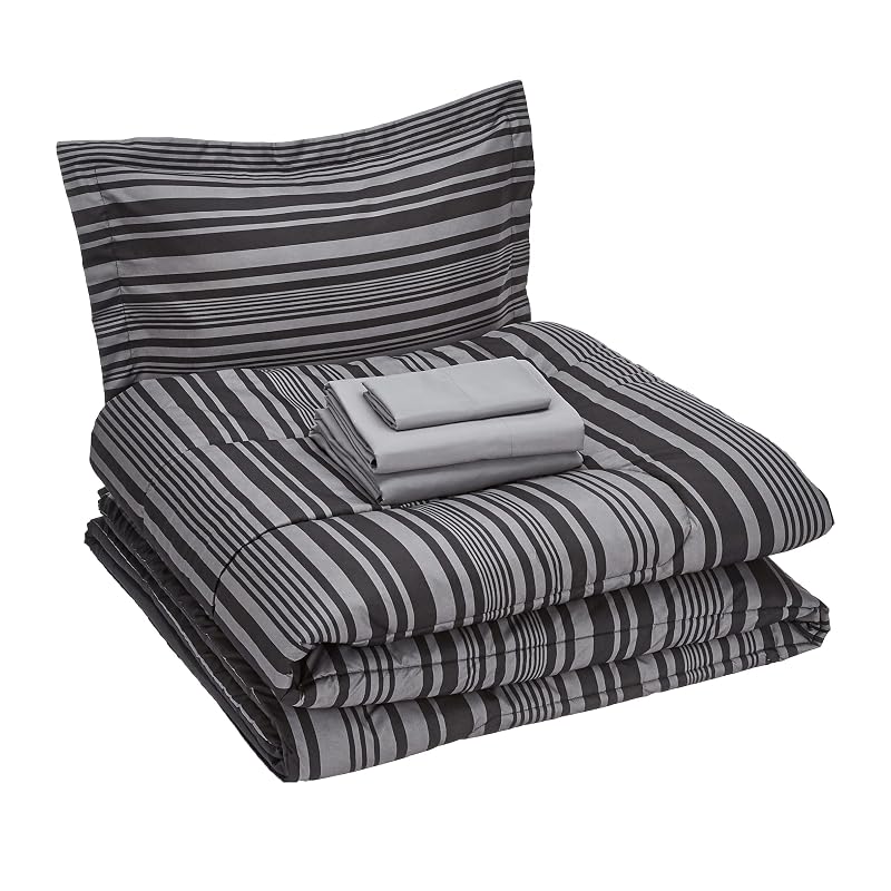 Amazon Basics 5-Piece Lightweight Microfiber Comforter Set with Sheets, Bed-in-a-Bag, Gray Calvin Striped Bedding, Twin/Twin XL image 4