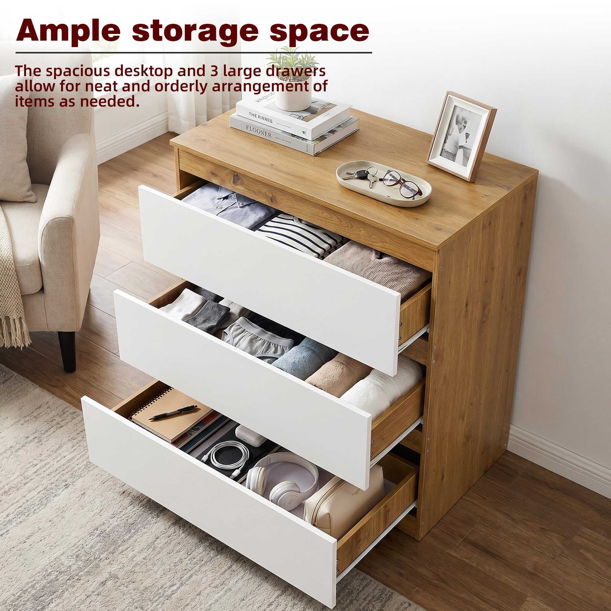 Cajonera Dormitorio, Comoda con 3 Cajones, 70 cm Ancho, Moderno Mueble Cajonera para Salón, Dormitorio, Habitación De Los Niños, Oficina, Blanco/Roble, 70×40×75 cm