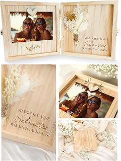 Joli Coon Schwester Geschenk, Holzbox, 14 x 14 x 3 cm | Echte Trockenblumen, Magnet für Foto, Glück ist es eine Schwester wie Dich zu haben, als Erinnerungsbox aufstellbar