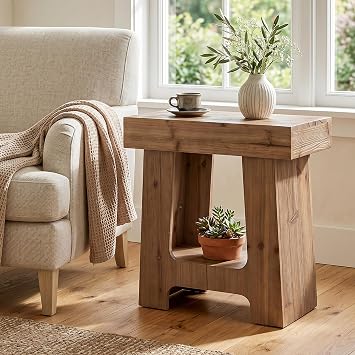 Rustic Solid Wood End Table with Storage Shelf, Brown
