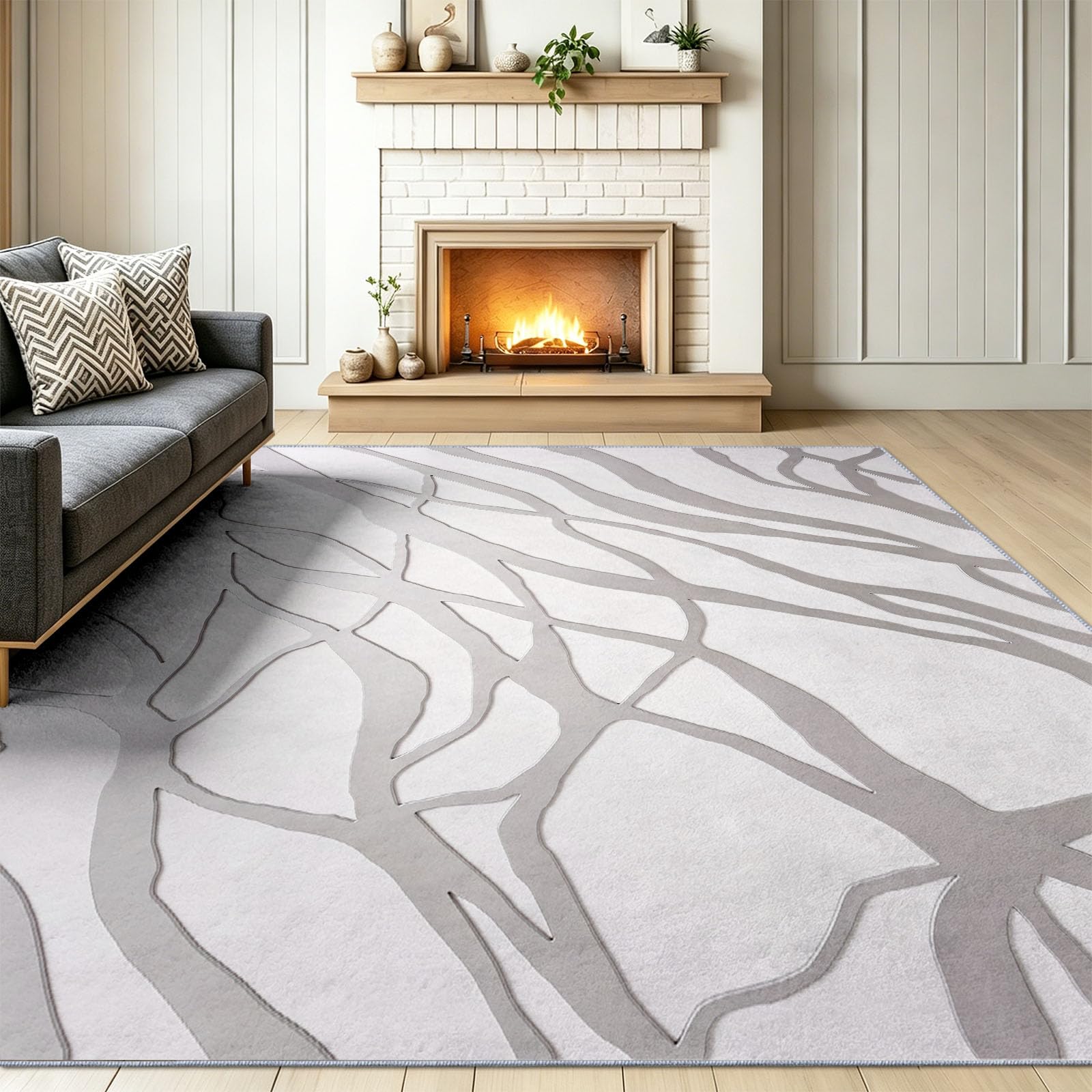Minimalistisch Natürlich Handgezeichnete Wellige Linien Raue Textur Teppich, für Wohnzimmer Schlafzimmer Esszimmer Büro Kurzflor Teppiche Waschbar Weich rutschfest ultradünn, 160 x 230 cm Cremeweiß