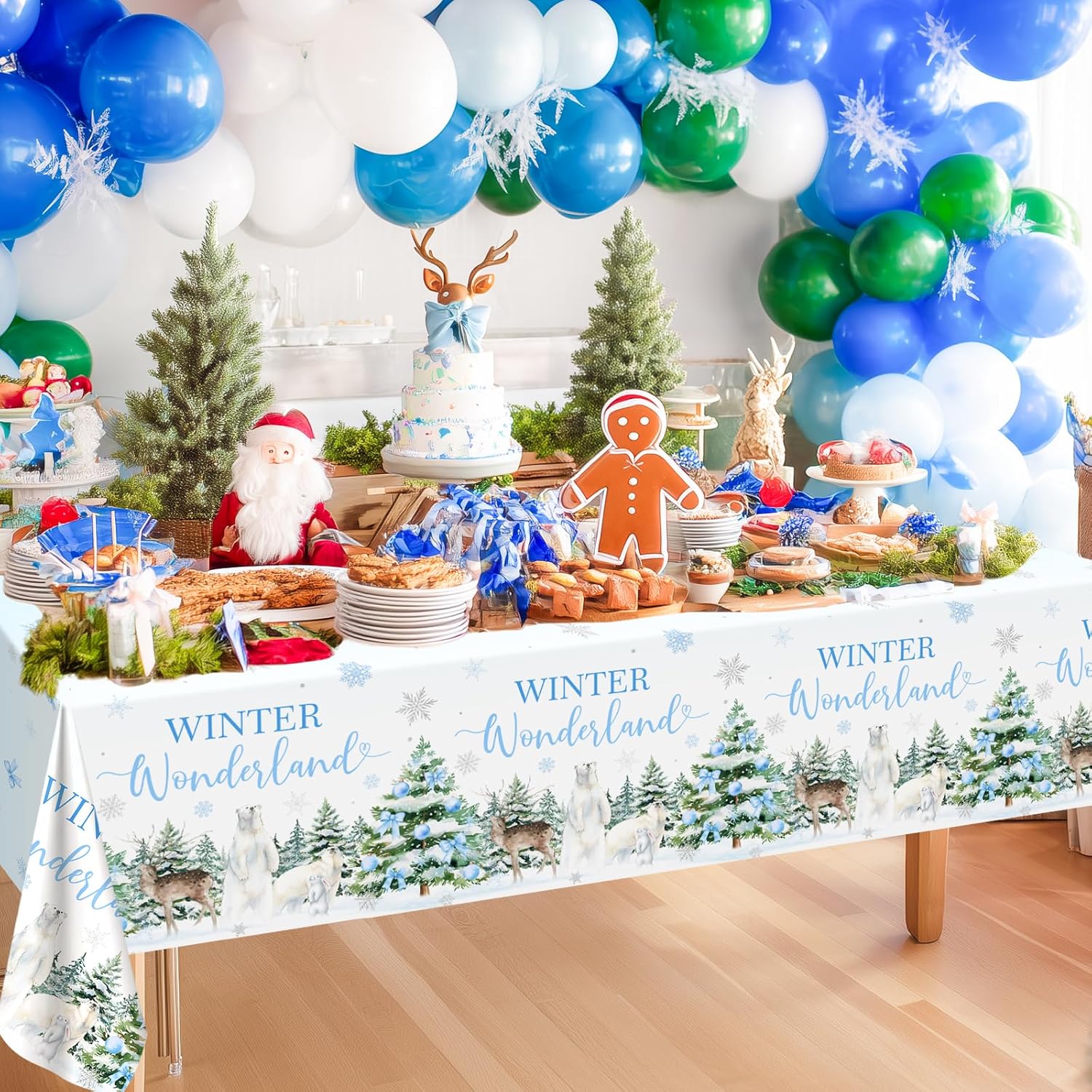 Avezano 6 Pcs Winter Wonderland Tablecloth Blue Snowflake Bow Animals Table Cover for Boys Winter Baby Shower Decorations 108 x 54 Inch