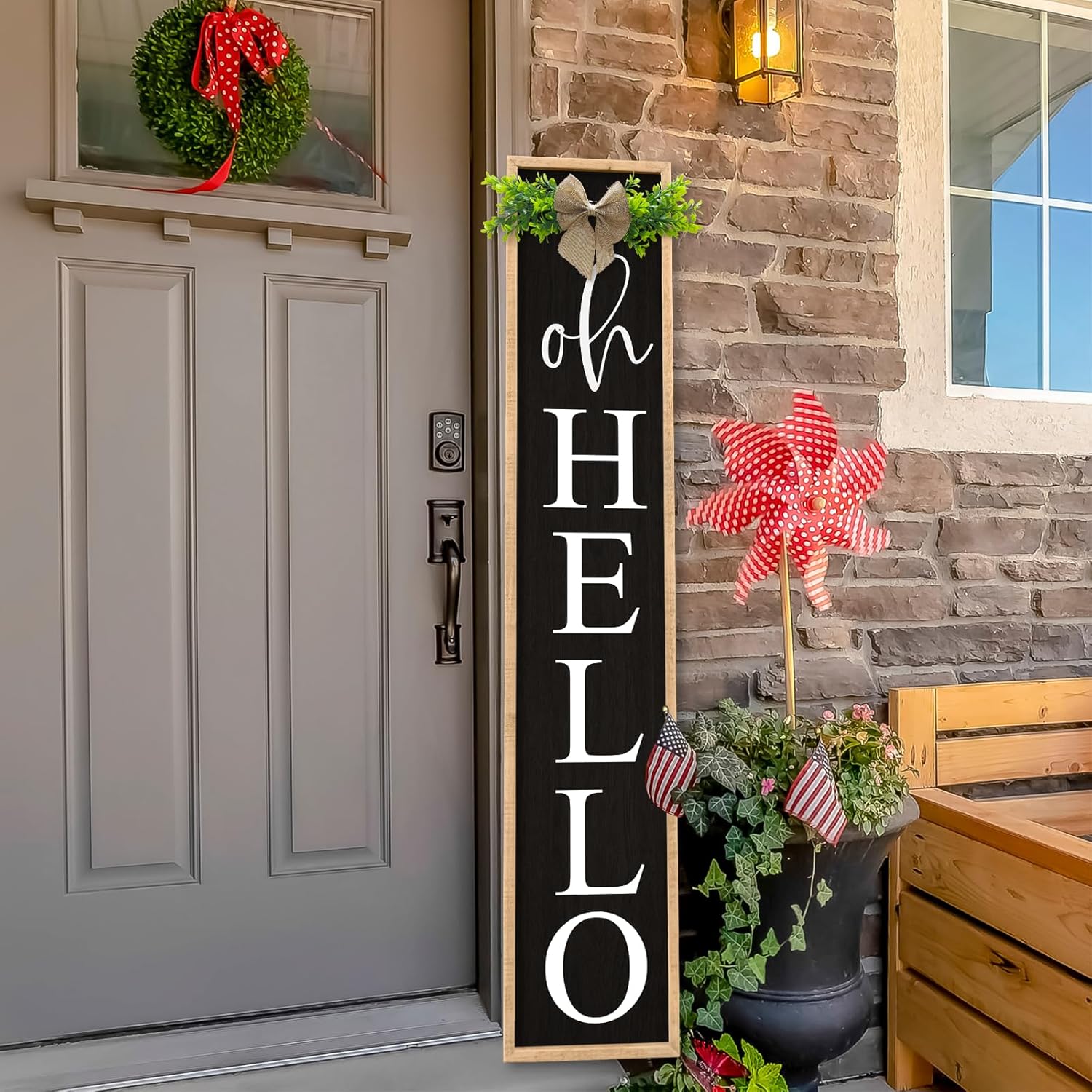 Oh Hello Porch Welcome Sign for Front Door Decor Outdoor Vertical Standing Tall Wooden Framed Front Porch Outside Modern Home Rustic Farmhouse Yard Decoration (45"X9" Wood)