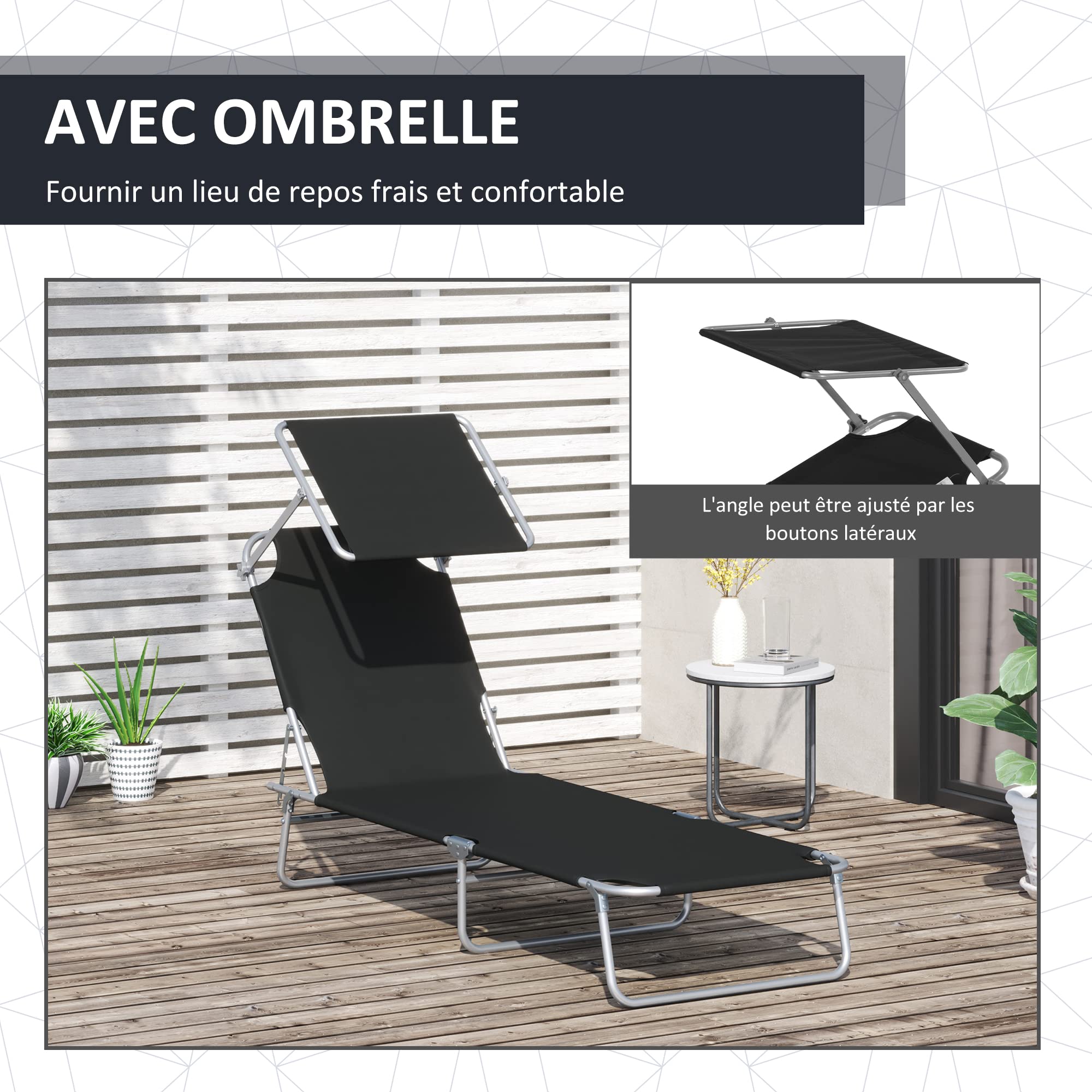 Outsunny Lot de 2 Transats Pliable Dim. 187L x 58l x 36H cm Noir