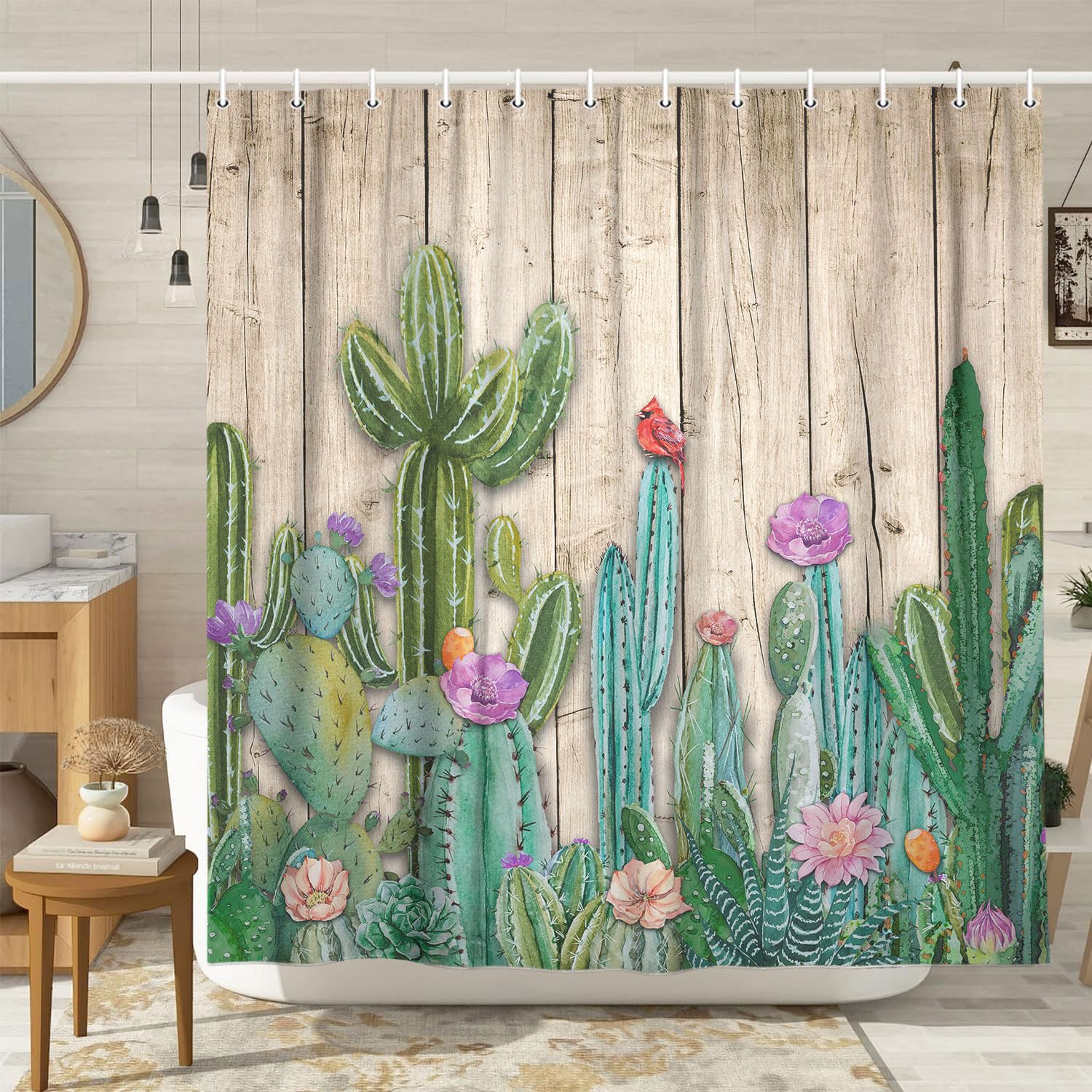 Dongbei Cactus Shower Curtain Tropical Plant Green Leaf Succulent Pink Flowers Rustic Gray Wooden Barn Door Shower Curtains Southwestern Mexican