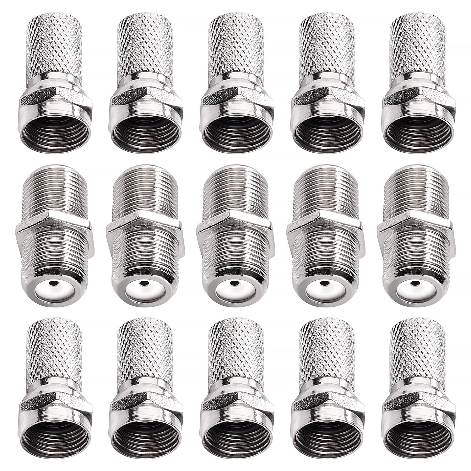 15 PCS F Type Connector Kit, Screw on F Plug Connectors and F-Type Couplers, Satellite Cable Connector, for Satellite TV Aerial Sky Virgin NTL Coaxial Cable, Silver