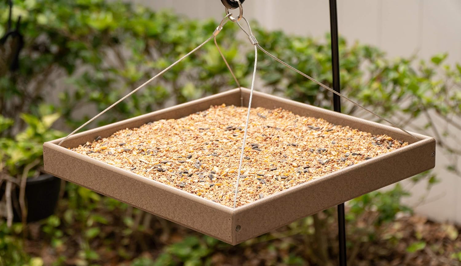 DutchCrafters Large Square Plastic Poly Hanging Bird Feeder Tray with Mesh Bottom, Outdoor Fly-by Platform Birdfeeder for Wild Birds - Amish Made in America (Turf Green)