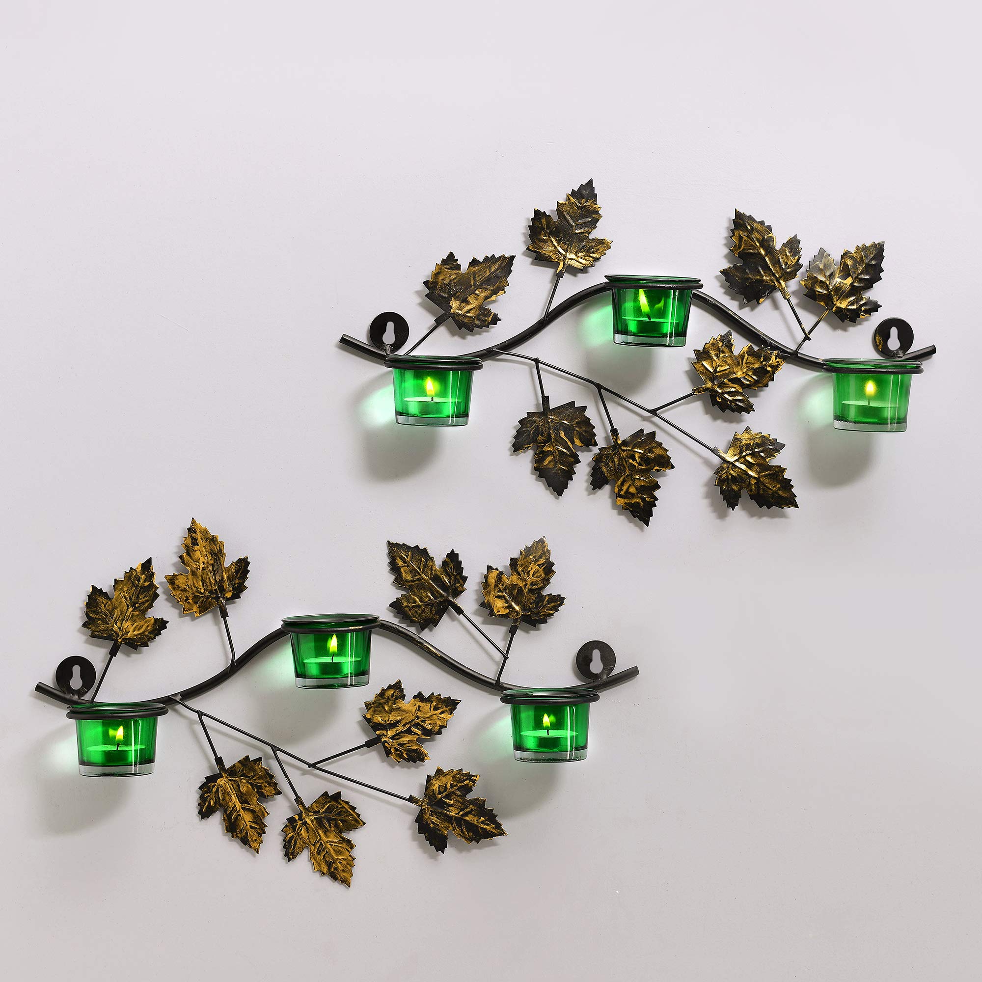Homesake® Maple Leaf Wall Candle Holder with 6 Turquoise Glass Votive Cups & Free Tealight Candles | Metal Wall Sconce for Living Room, Bedroom, Diwali Decor & Home Decor 1