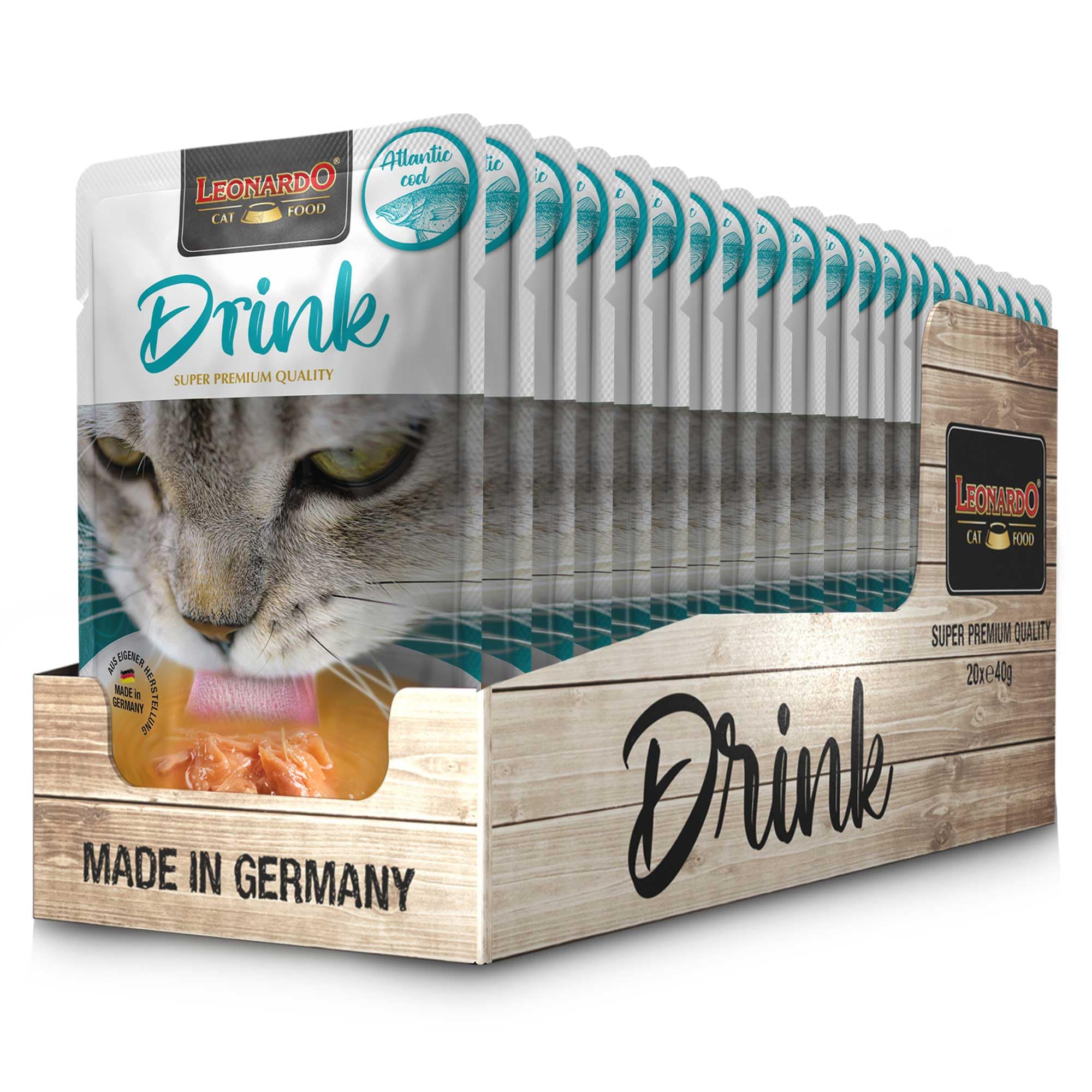 Leonardo Drink Merluzzo Atlantico | Confezione Doppia | 2 x 20 x 40 g | Alimento Complementare per Gatti Adulti | Supporto per l'Assunzione di Liquidi | Ideale come Topping per Cibo